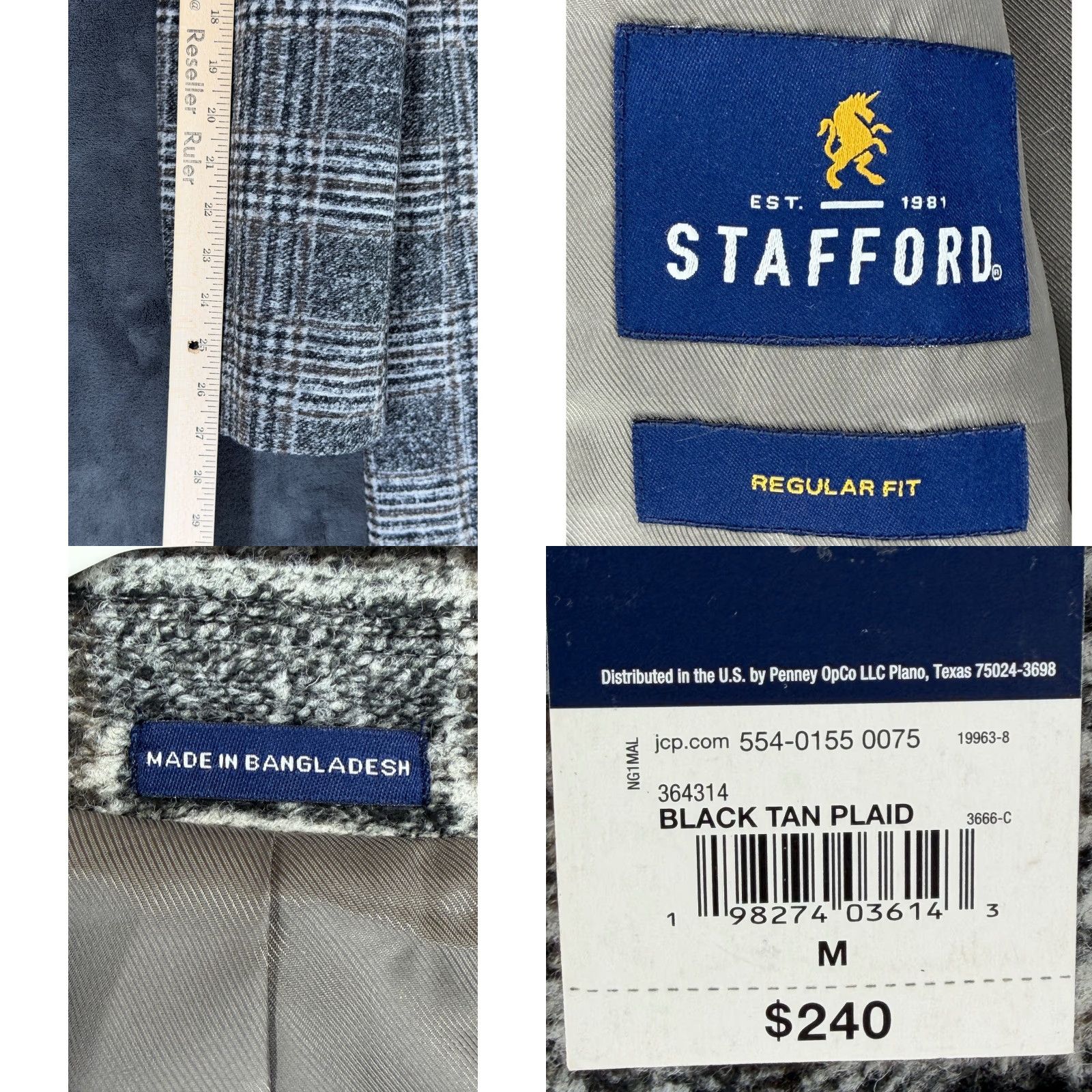 Stafford Stafford Topcoat Plaid Wool Blend 3-Button Overcoat Multicolor Black Tan Regular M Mens NWT Size US M / EU 48-50 / 2 - 8 Thumbnail