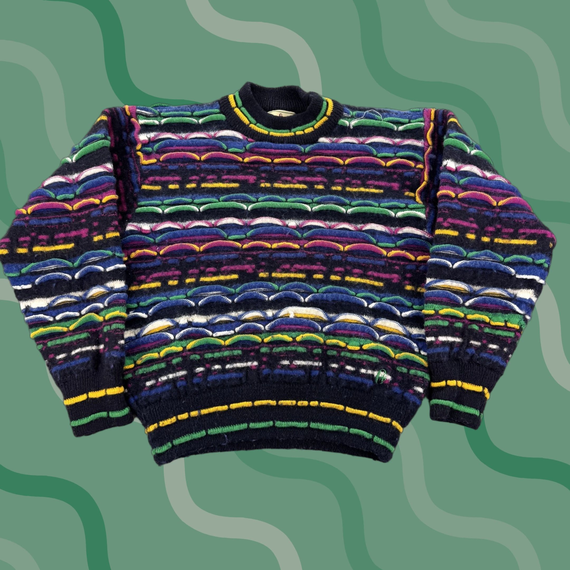 VINTAGE Conte of Florence Sweater Mens Small Multicolor 3D Knit Cosby Style 90s Wool Pullover Crew Neck