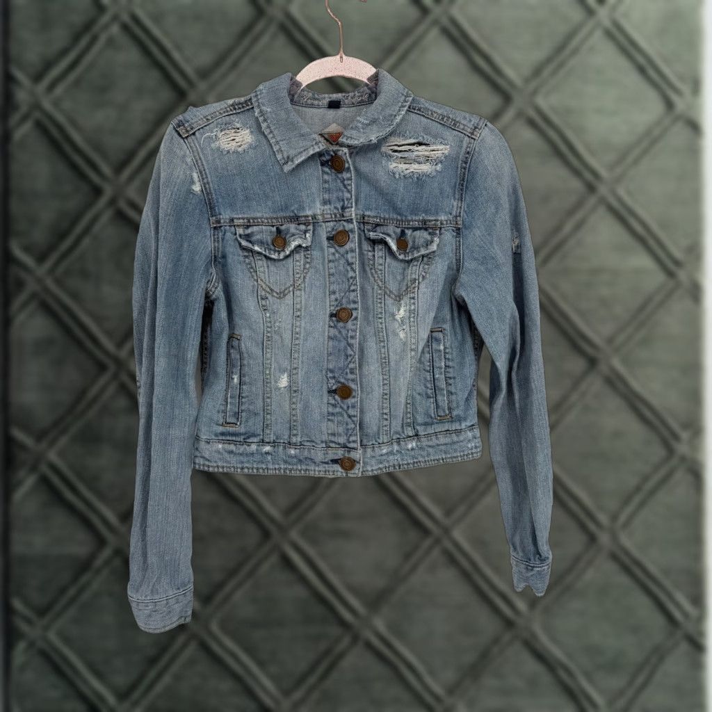 American Eagle Outfitters Jacket Women Sz L Distressed Denim Embroidered Back