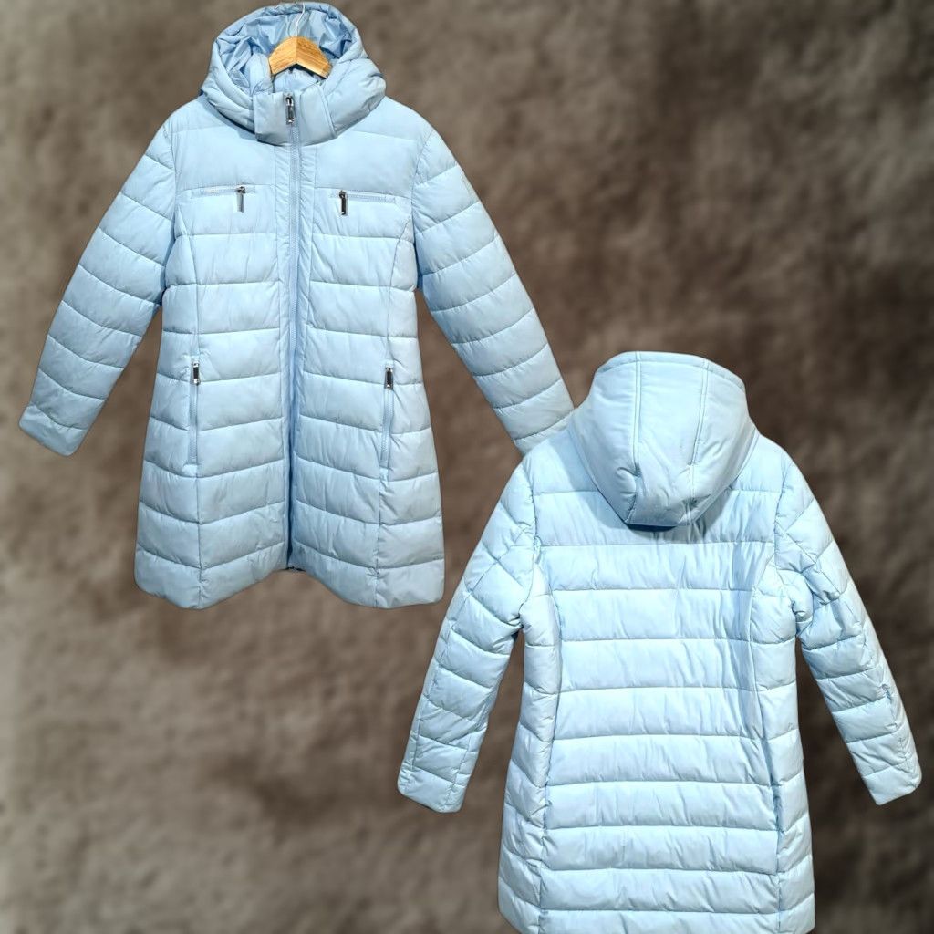 Tommy Hilfiger Tommy Hilfiger Womens Long Puffer Jacket Winter Coat XL Light Blue Zip Pockets Coat Womens XL Blue Quilted Hooded Removable Hood Puffer Jacket Size XL / US 12-14 / IT 48-50 - 1 Thumbnail