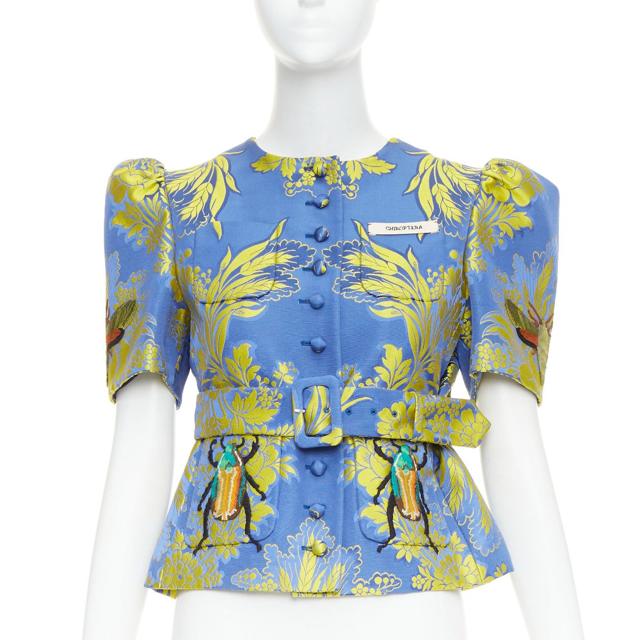 Gucci rare GUCCI 2017 blue yellow beetle embroidery floral jacquard puff sleeve belted jacket IT40 S Size S / US 4 / IT 40 - 1 Thumbnail