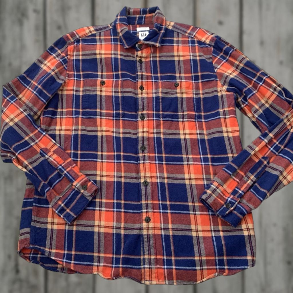 Gap GAP Untucked Flannel Shirt Mens Large Orange Plaid Cotton Long Sleeve Button-Up Casual Size US L / EU 52-54 / 3 - 1 Thumbnail