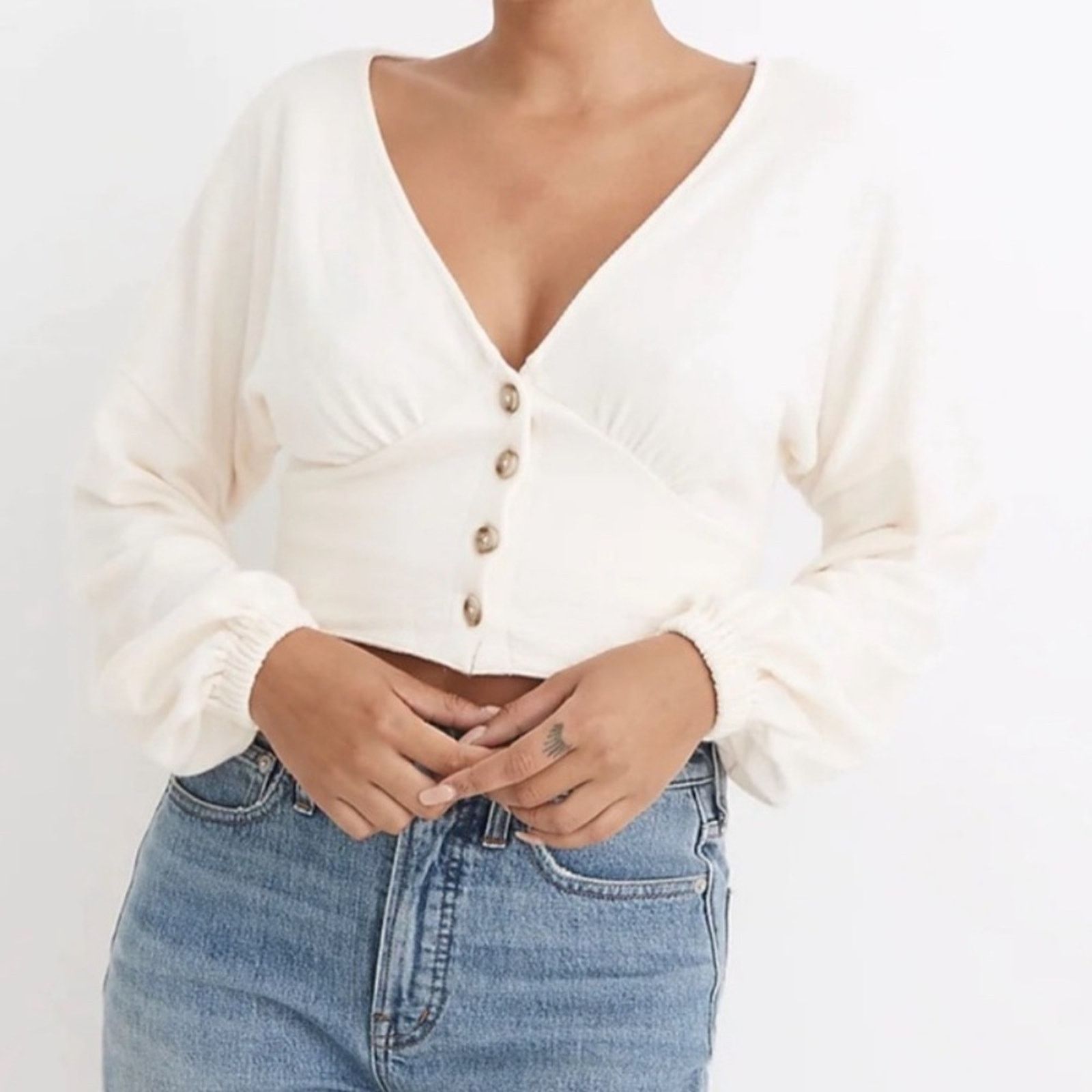 Madewell MADEWELL Women's Deep-V Button-Front Crop Top Size L / US 10 / IT 46 - 1 Thumbnail