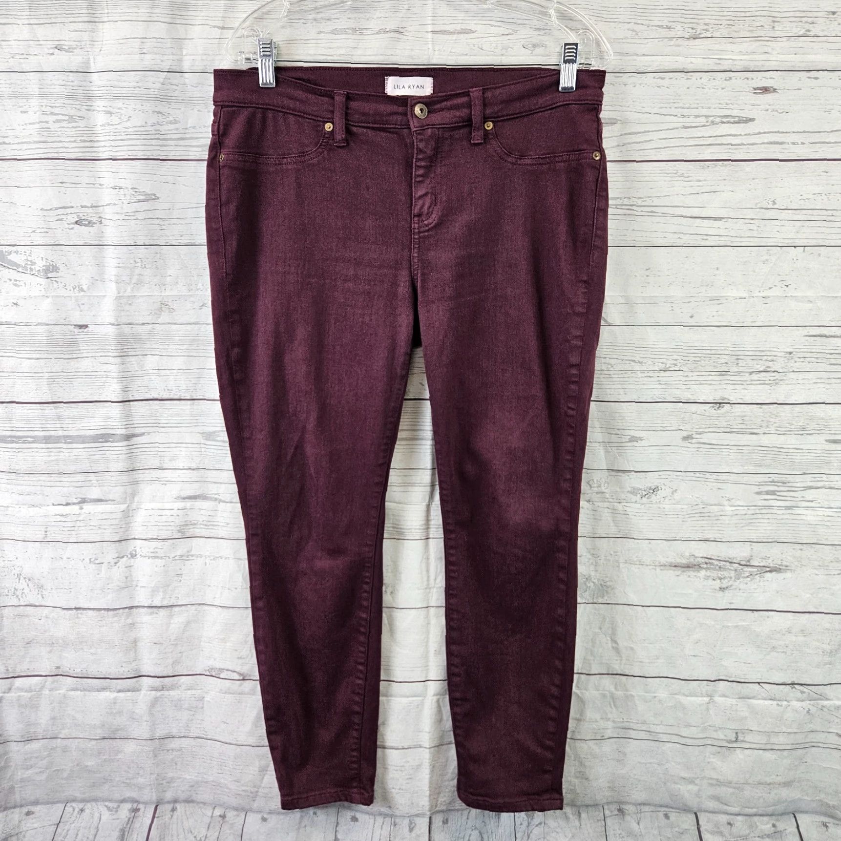 Vintage Lila Ryan Womens Cropped Pants Sz 30P Burgundy Mid Rise Cotton Blend Skinny Front Zip Petite Size 30" / US 8 / IT 44 - 2 Thumbnail
