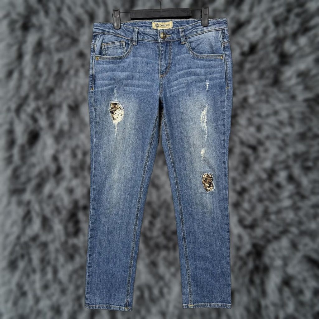 Vintage Democracy Jeans Womens Size 6 Blue Distressed Sequin Mid Rise Skinny Size 28" / US 6 / IT 42 - 1 Thumbnail