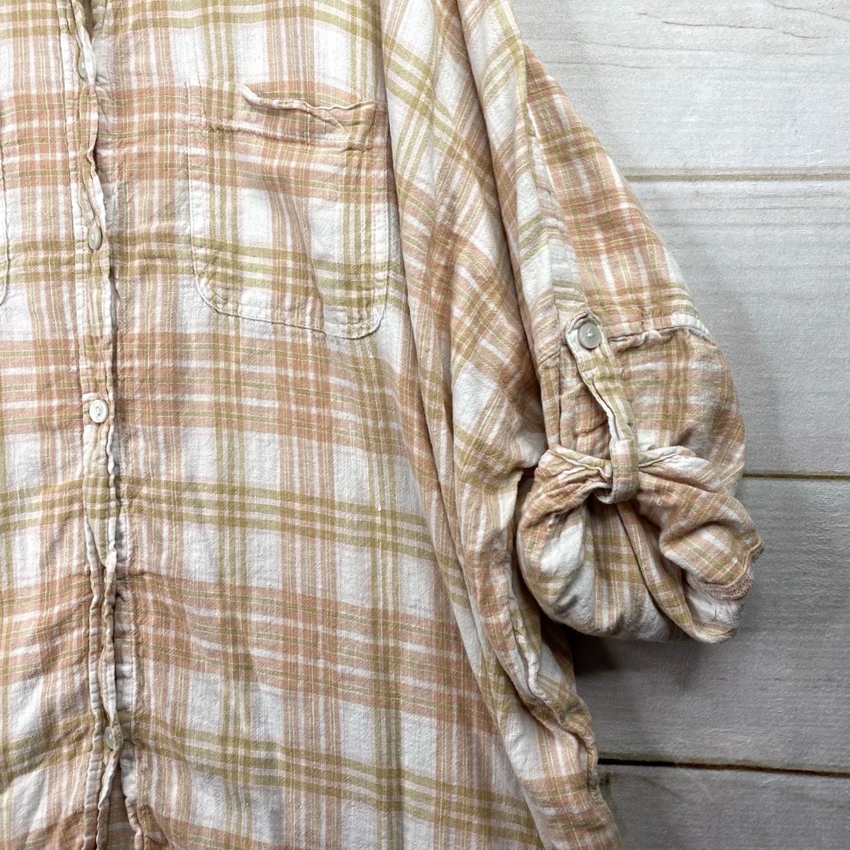 American Eagle Outfitters American Eagle Outfitters Womens Button-Up Shirt XL Plaid Linen Chambray Roll Tab Sleeve Tunic Casual Beach 90s Style Womens Size L / US 10 / IT 46 - 2 Thumbnail