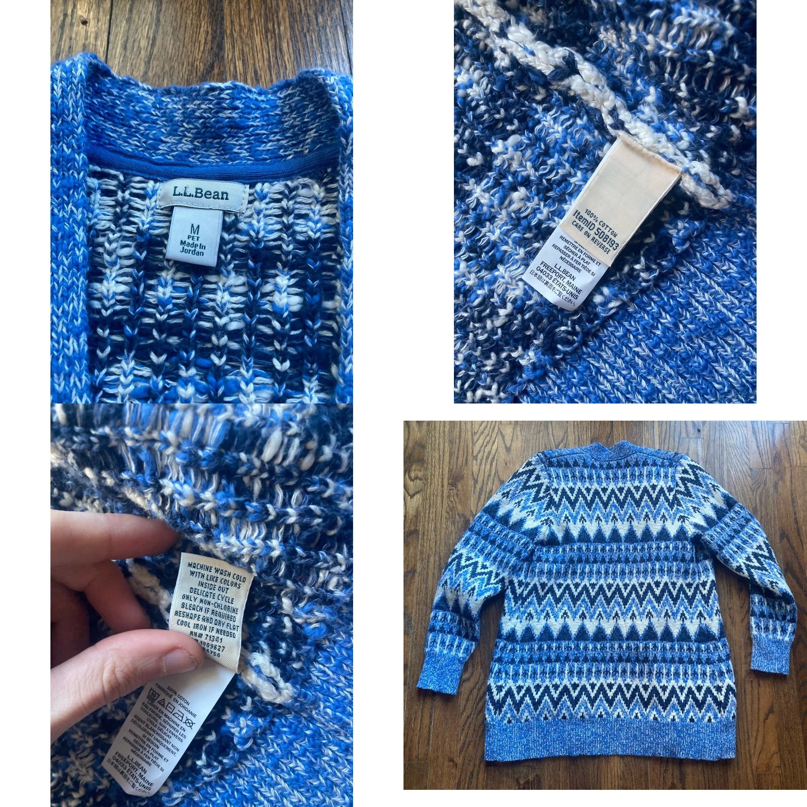 Vintage L.L. Bean Cardigan Sweater Womens Medium Blue Fair Isle Open Cotton Knit" Size M / US 6-8 / IT 42-44 - 8 Thumbnail