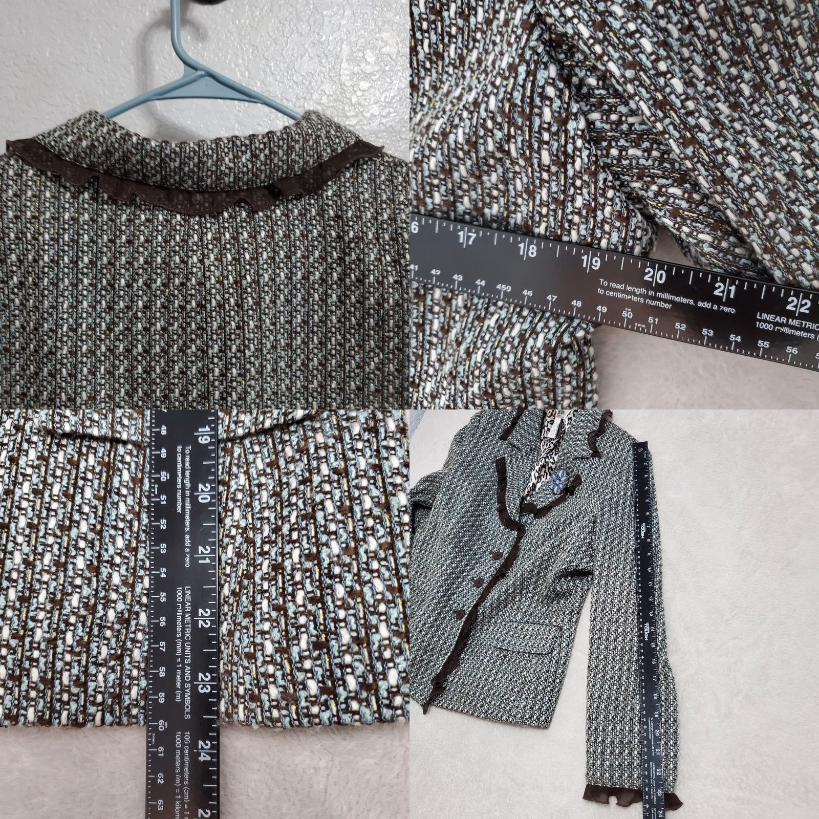Bob Mackie VINTAGE Bob Mackie Studio Jacket Blazer Womens 12 Brown Blue Tweed Ruffles Shoulder Pads Blazer Womens Size XL / US 12-14 / IT 48-50 - 8 Thumbnail