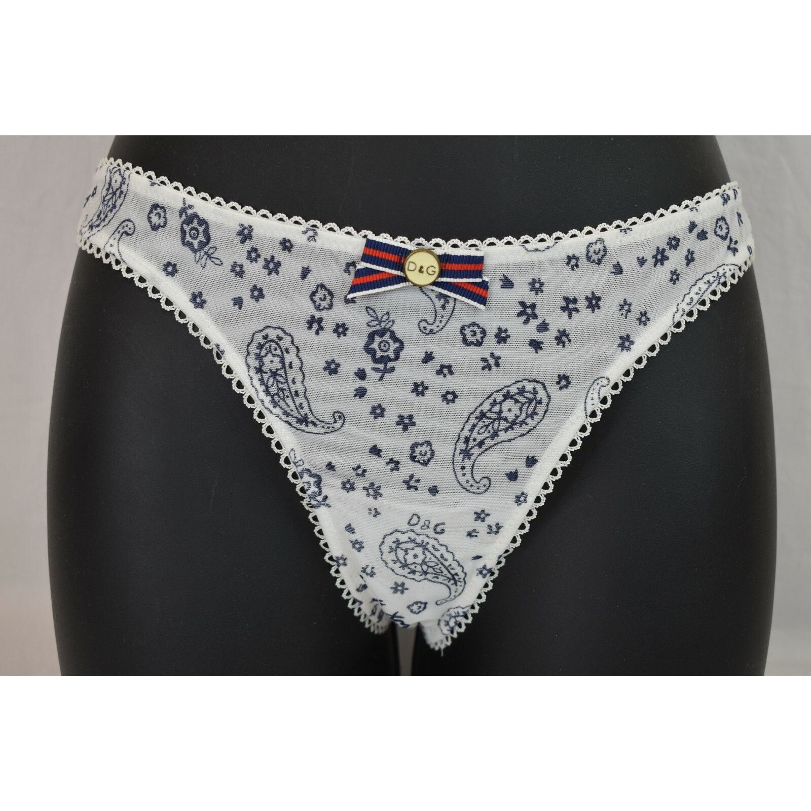 Dolce & Gabbana DOLCE GABBANA WHITE PAISLEY BOW LOGO THONG UNDERWEAR XS Size ONE SIZE - 1 Thumbnail