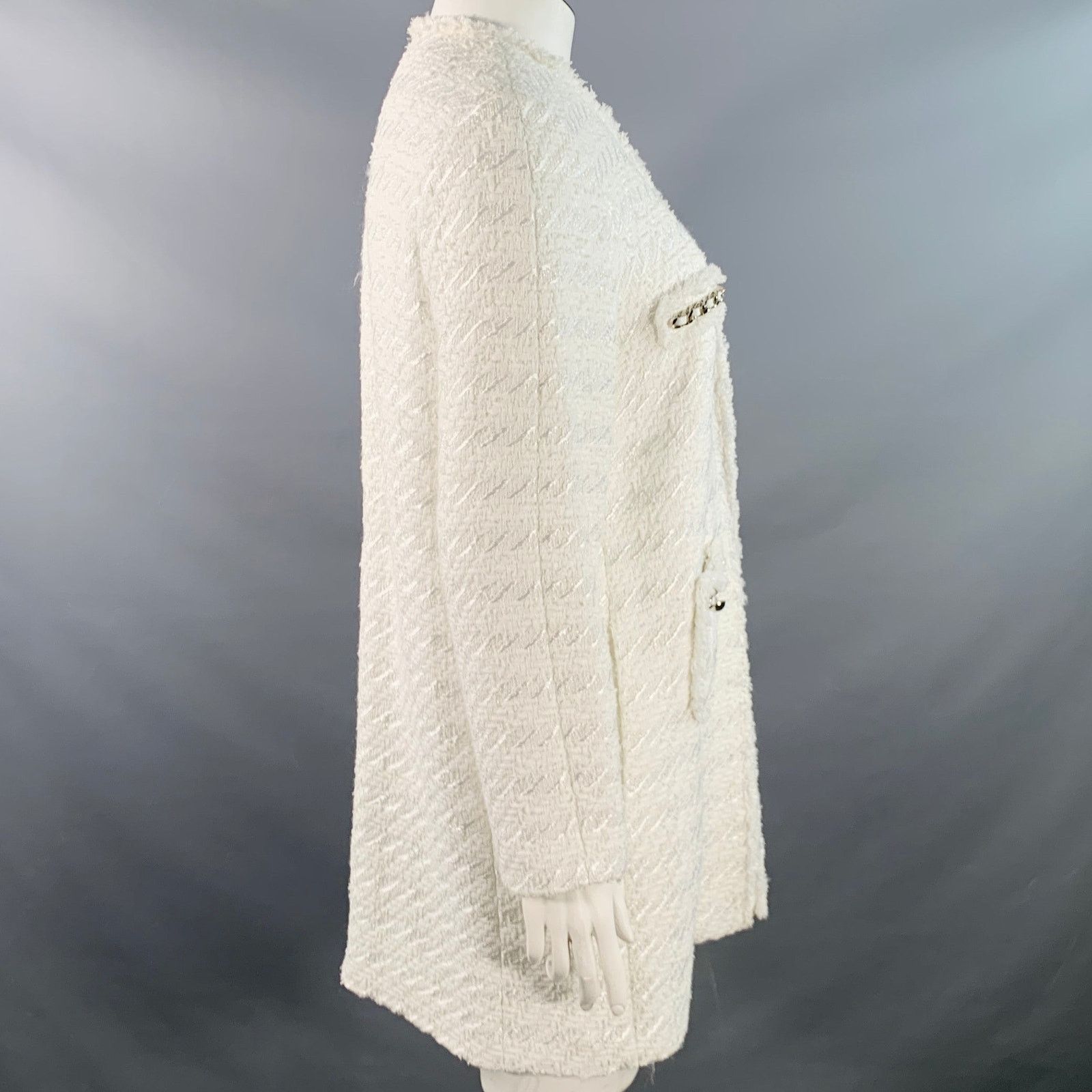 Other White Cotton Blend Tweed Collarless Hook Eye Coat Size XL / US 12-14 / IT 48-50 - 3 Thumbnail