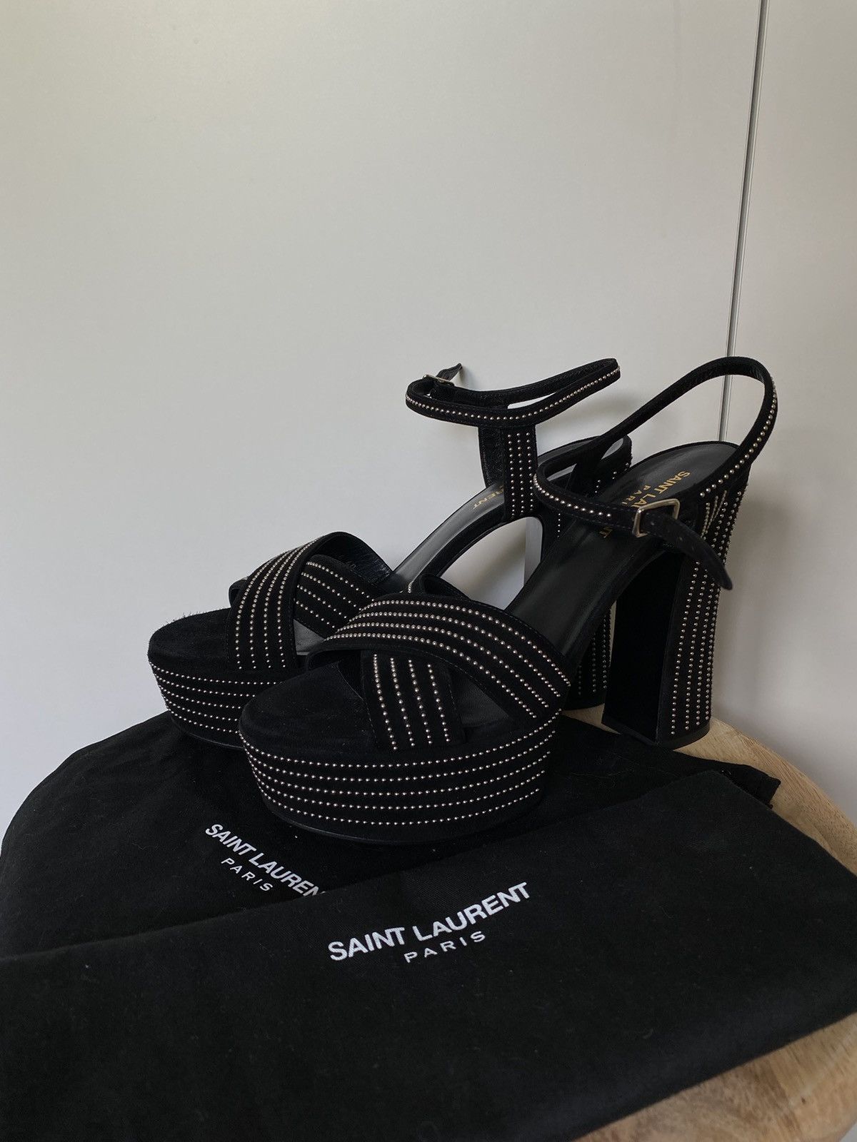 Saint Laurent Paris Saint Laurent Suede Studded Candy 80 Platform Sandals Black Size US 9 / IT 39 - 1 Thumbnail