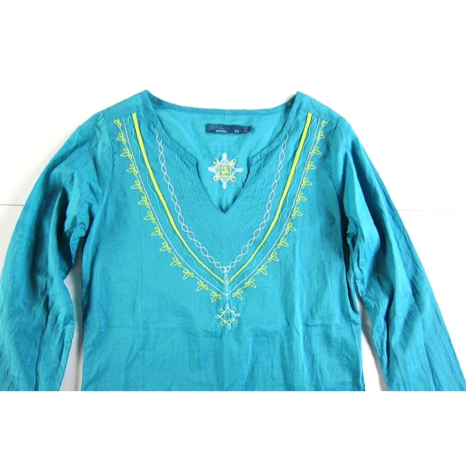 Prana VINTAGE PrAna 100% Cotton Blue Yellow Embroidered V-Neck Long Sleeve Peasant Blouse XS Size XS / US 0-2 / IT 36-38 - 3 Thumbnail
