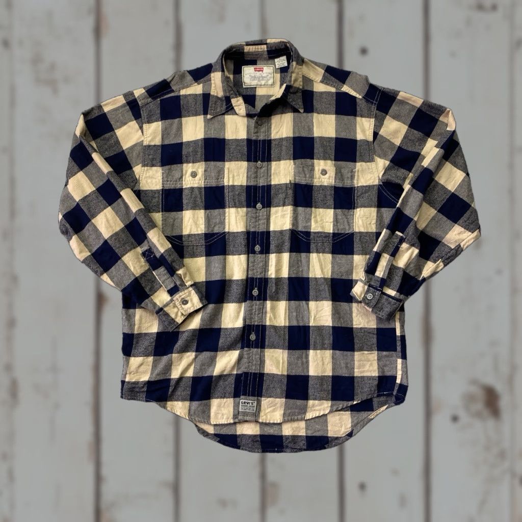 Levi's VINTAGE Levis Shirt 90s Plaid Button-Up Cotton Flannel Mens Large Blue Size US L / EU 52-54 / 3 - 1 Thumbnail