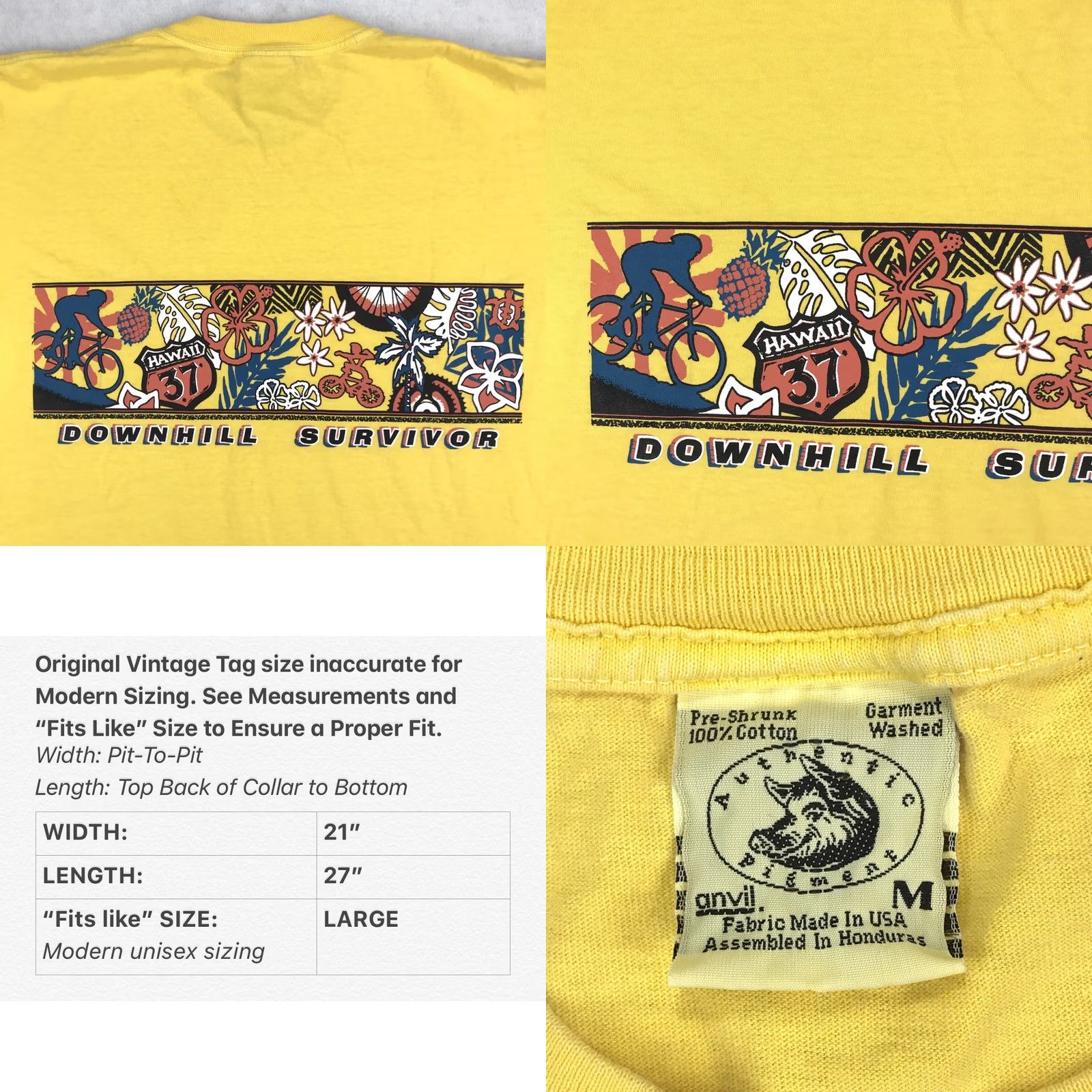 Anvil VINTAGE Haleakala Bike Co. Upcountry Maui Hawaii Survivor 2-Sided T-Shirt L Yellow Mens 90s Cartoon Double-Sided Cotton 80s 90s Vintage Shirt Size US L / EU 52-54 / 3 - 8 Thumbnail
