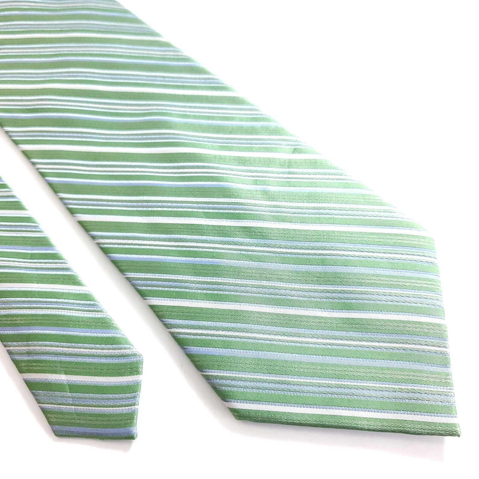 Designer City Of London Green Blue Striped Woven Wide Silk Tie Size ONE SIZE - 1 Thumbnail