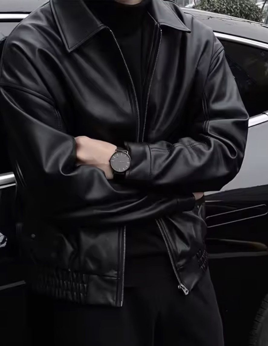 Japanese Brand Boxy Faux Leather Bomber Jacket - Minimalist Korean Style Size US L / EU 52-54 / 3 - 6 Thumbnail