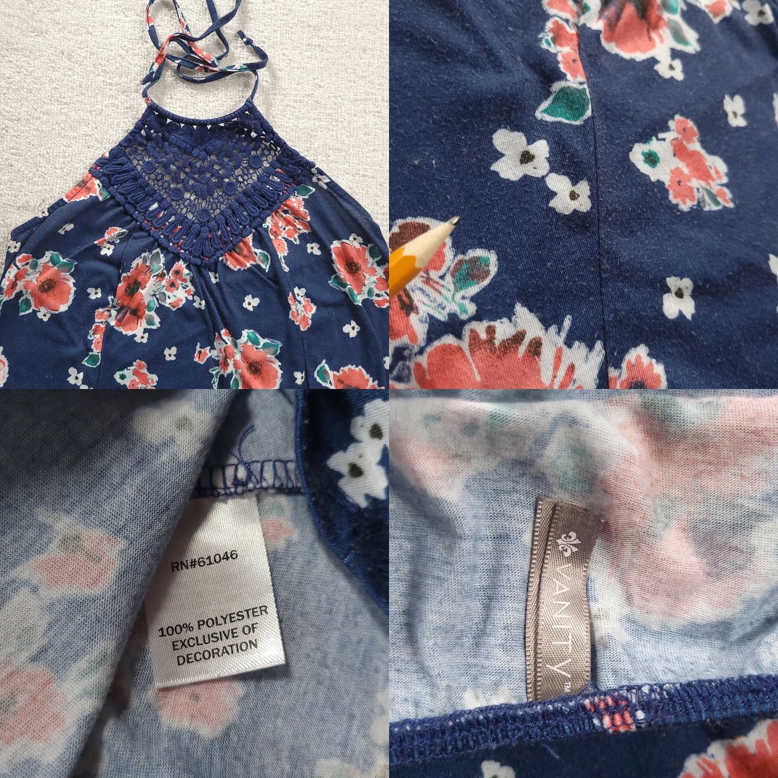 Vintage Vanity Blue Floral Top With Crochet Neckline Womens Medium Tank Sleeveless Halter Crochet Size M / US 6-8 / IT 42-44 - 8 Thumbnail