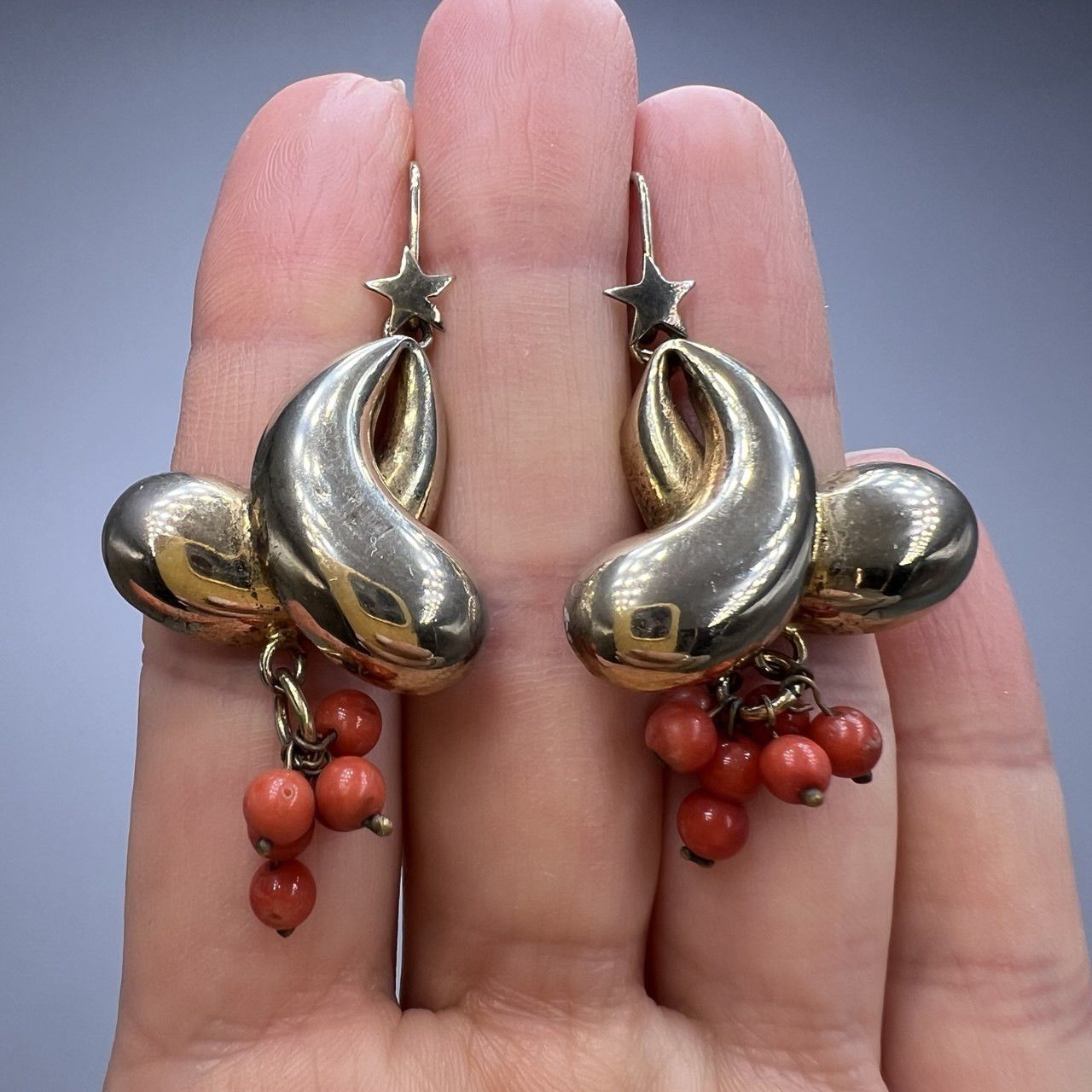 Vintage Gilt Silver 800 Women's Earrings Natural Red Coral