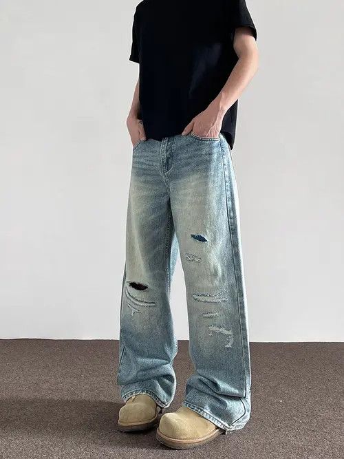 Jean Light Blue Baggy Distressed Denim Jeans, Wide Leg Jeans Size US 32 / EU 48 - 7 Thumbnail