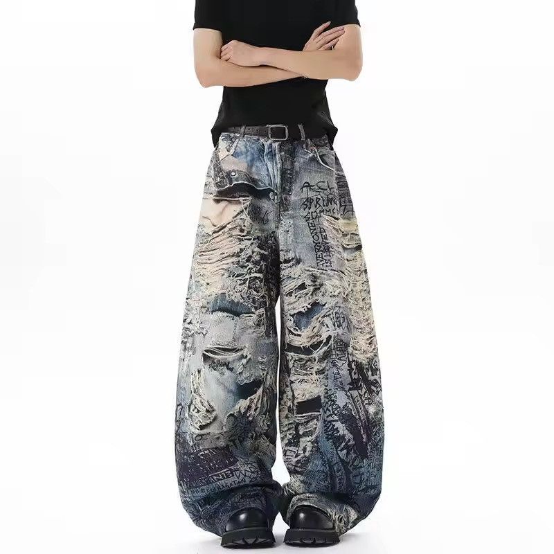 Japanese Brand Printed Distressed Denim Pants Wide-Leg, Graffiti Streetwear Size US 26 / EU 42 - 7 Thumbnail