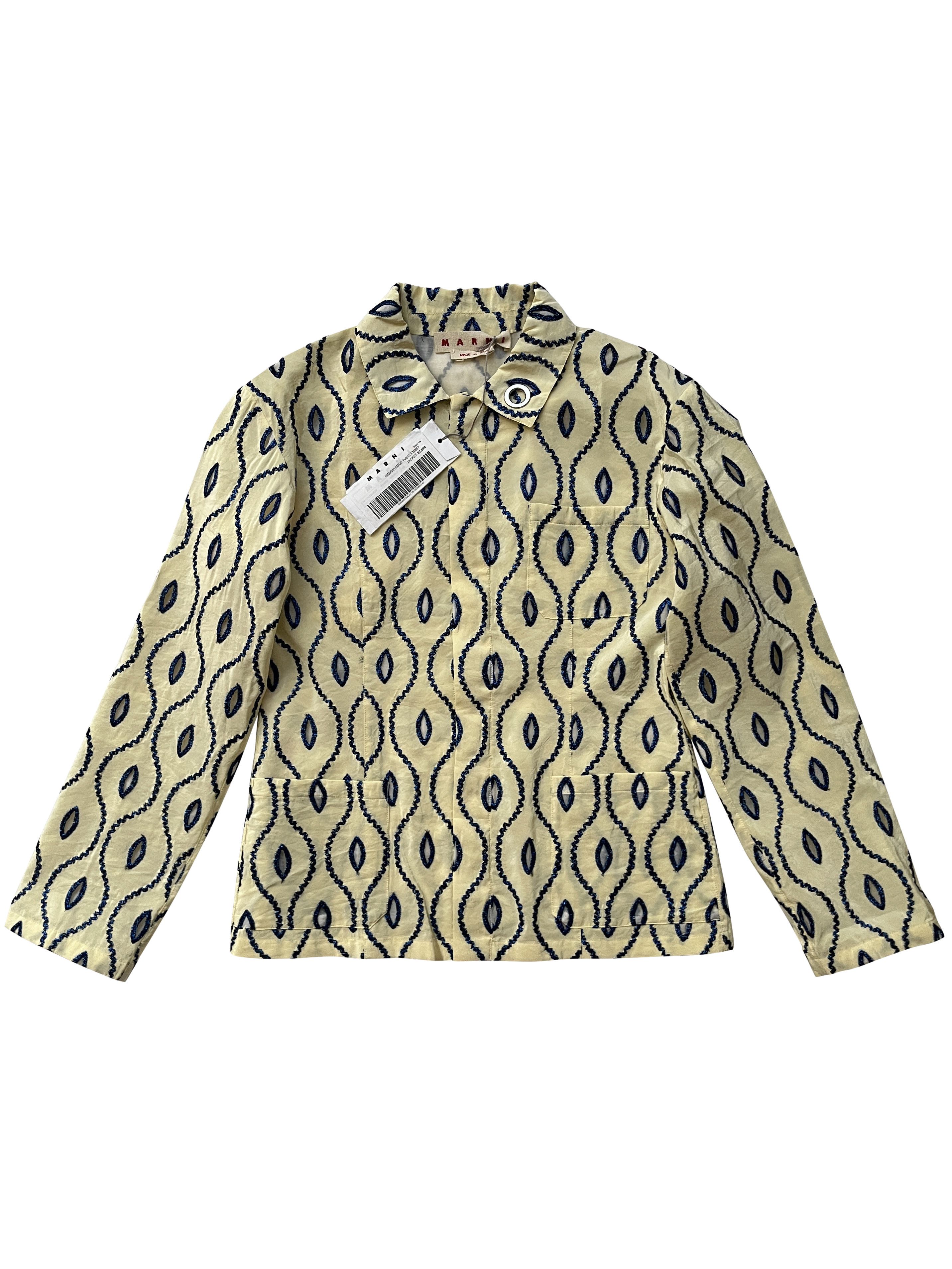 image of Marni Cream Eyelet Taffeta Embroidered Jacket in Cream w/ Blue, Women's (Size Medium)