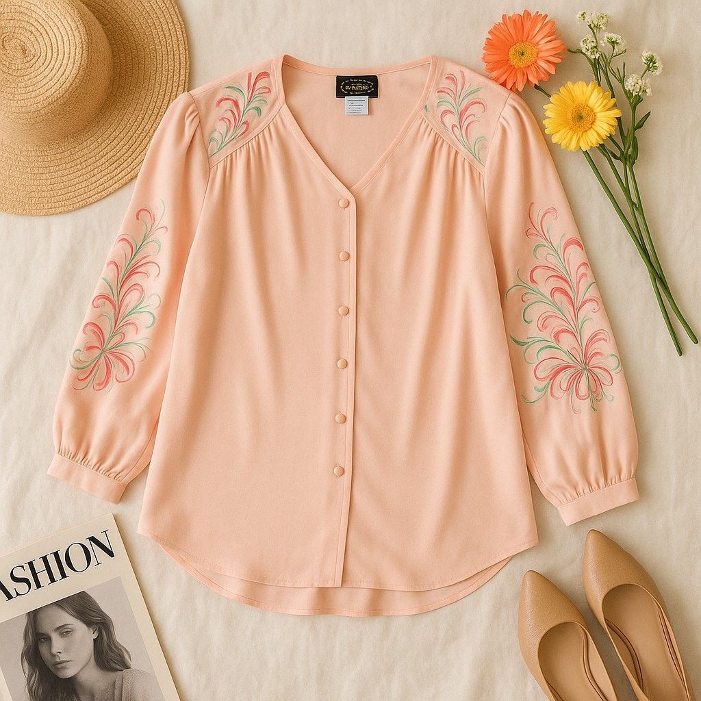 Bob Mackie Bob Mackie Silk Floral Embroidered Blouse Pink Wearable Art Size L / US 10 / IT 46 - 1 Thumbnail