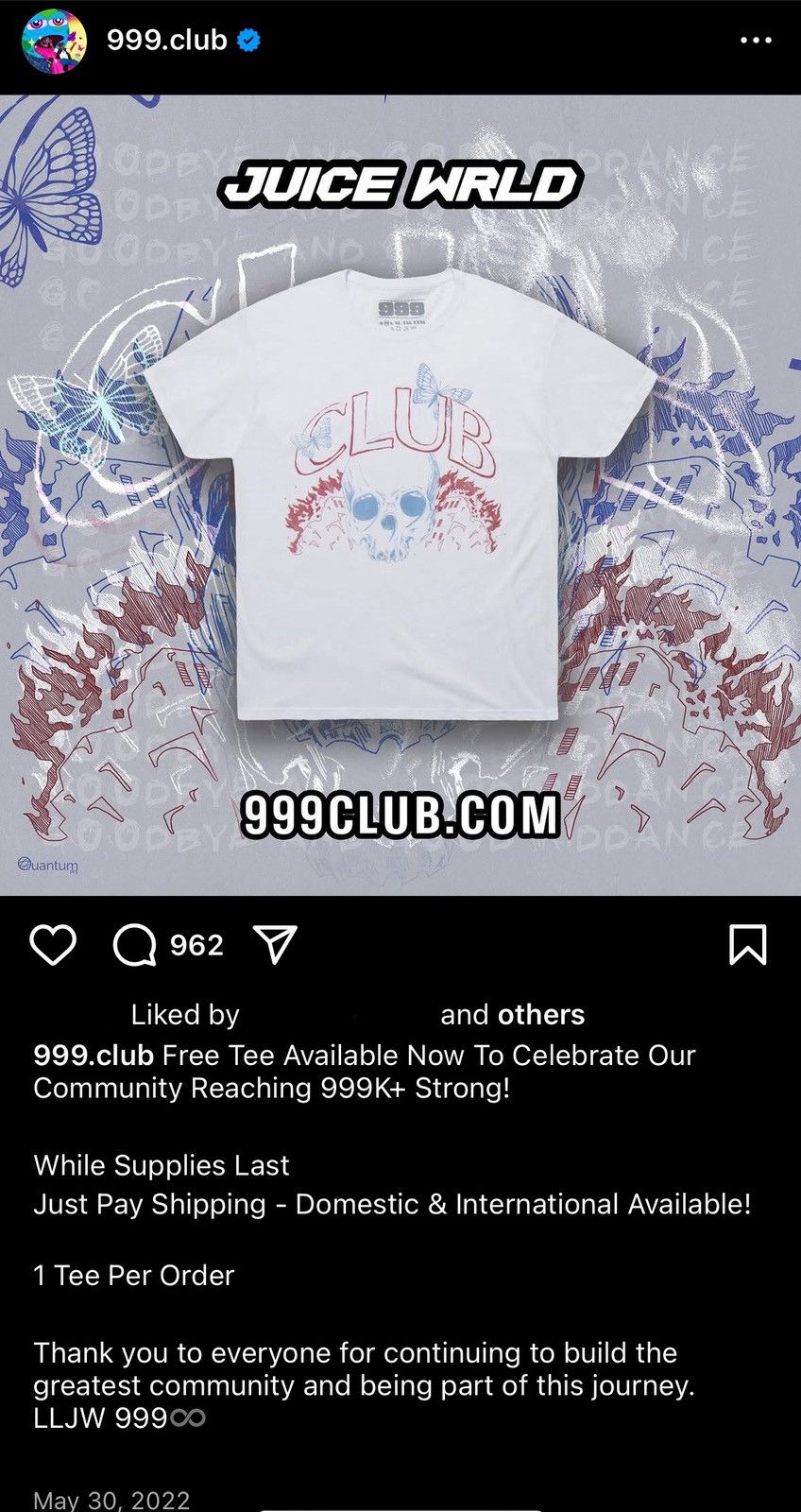 999 Club Juice Wrld 999 Club “Free Shirt” Size US XL / EU 56 / 4 - 5 Thumbnail