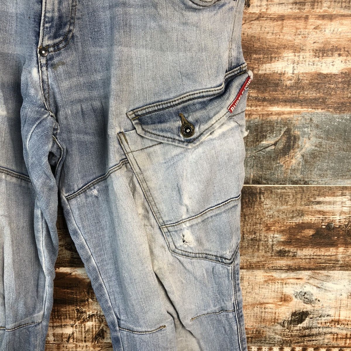 Japanese Brand Burtle Blue faded Multipocket ripped Denim Pants #A2146 Size US 33 - 10 Thumbnail