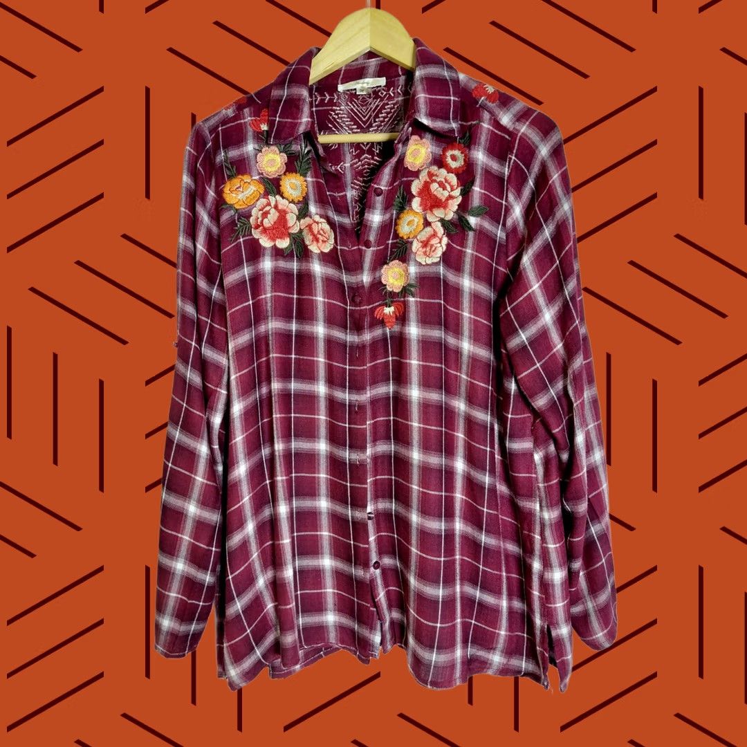 Vintage Andrée by Unit Shirt Red Plaid Embroidered Woven Long Sleeve Women Size M Size M / US 6-8 / IT 42-44 - 1 Thumbnail