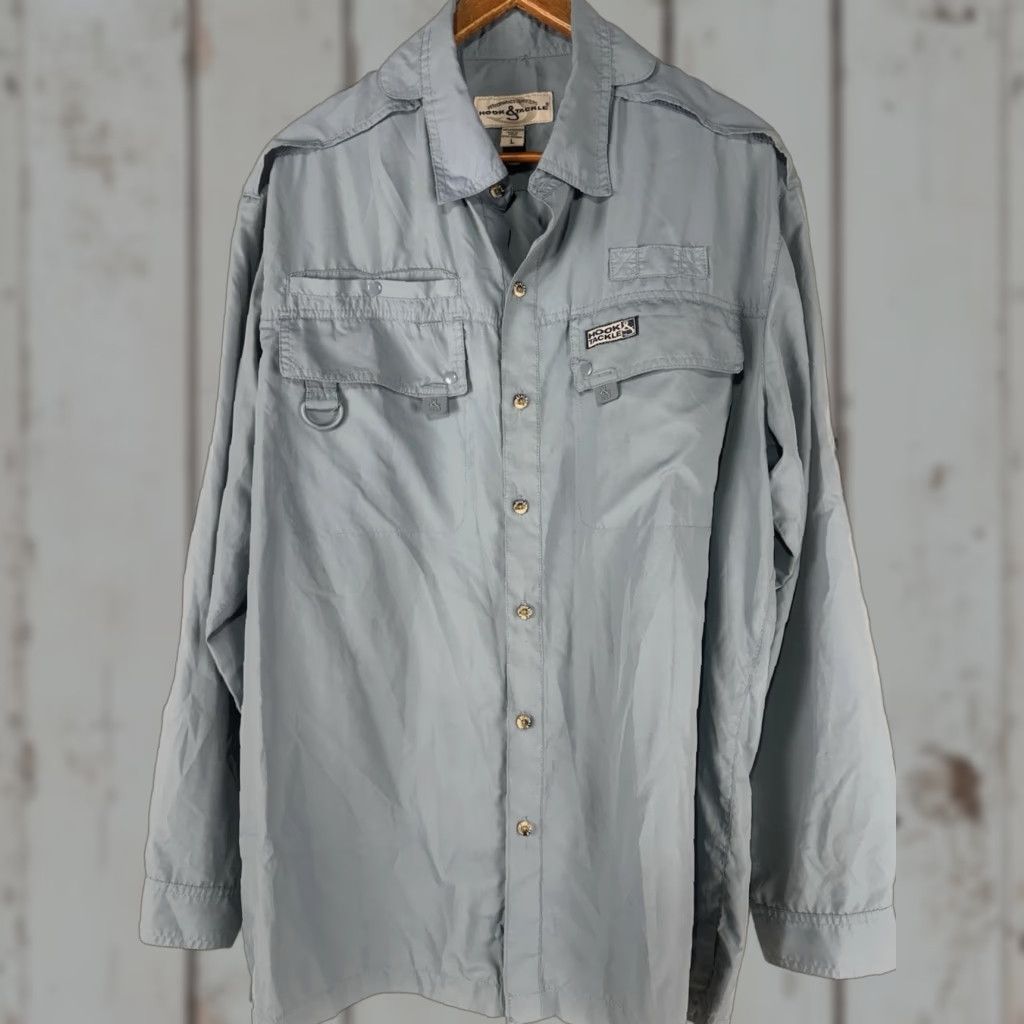 Vintage Hook & Tackle Fisherman’s Shirt Men’s Blue L Button-Up Pockets Breathable All Seasons Easy Care Lightweight Rayon Polyester Button-Up Shirt Size US L / EU 52-54 / 3 - 1 Thumbnail