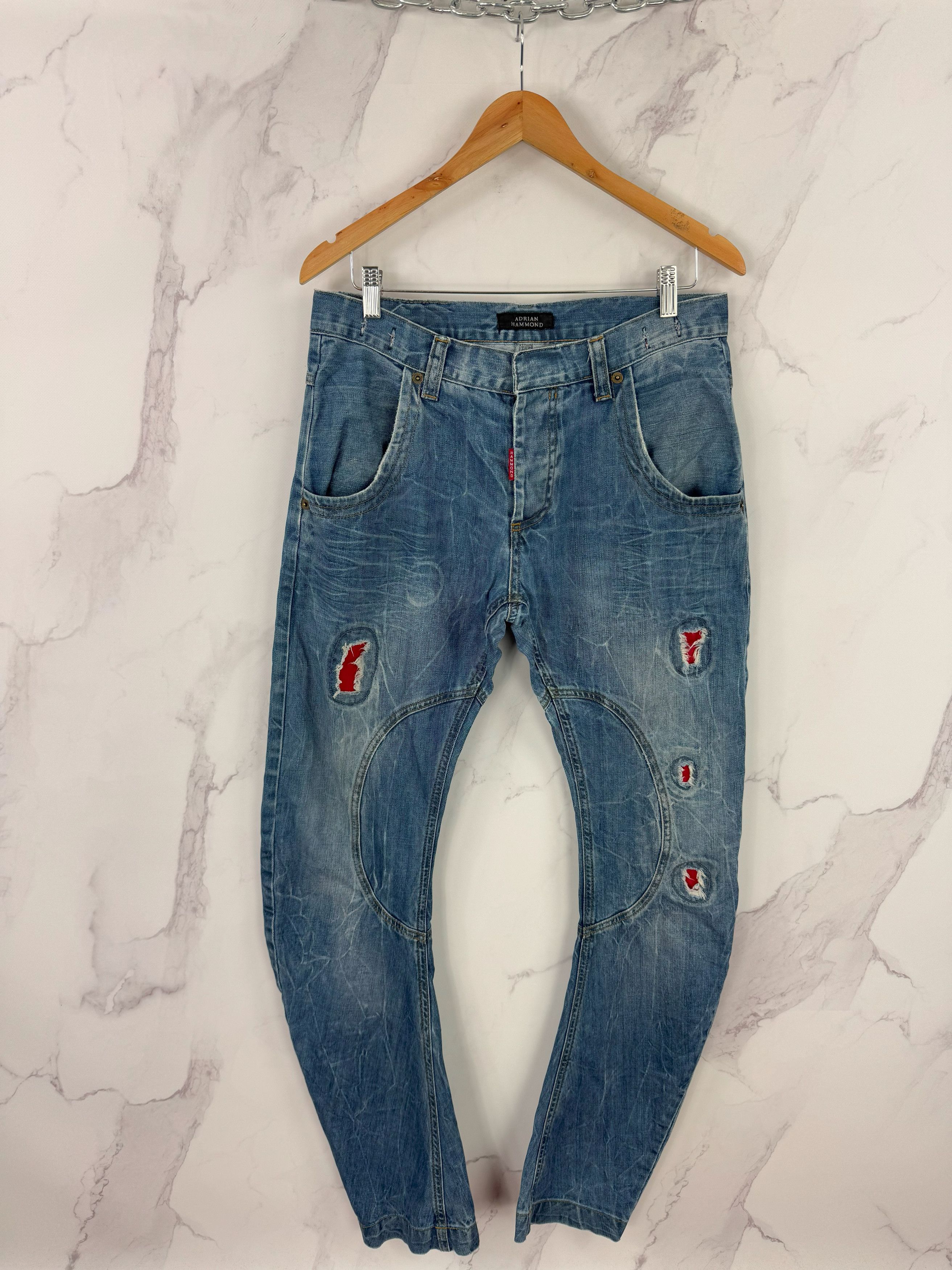 Adrian Hammond Distressed Biker Jeans Patchwork Details