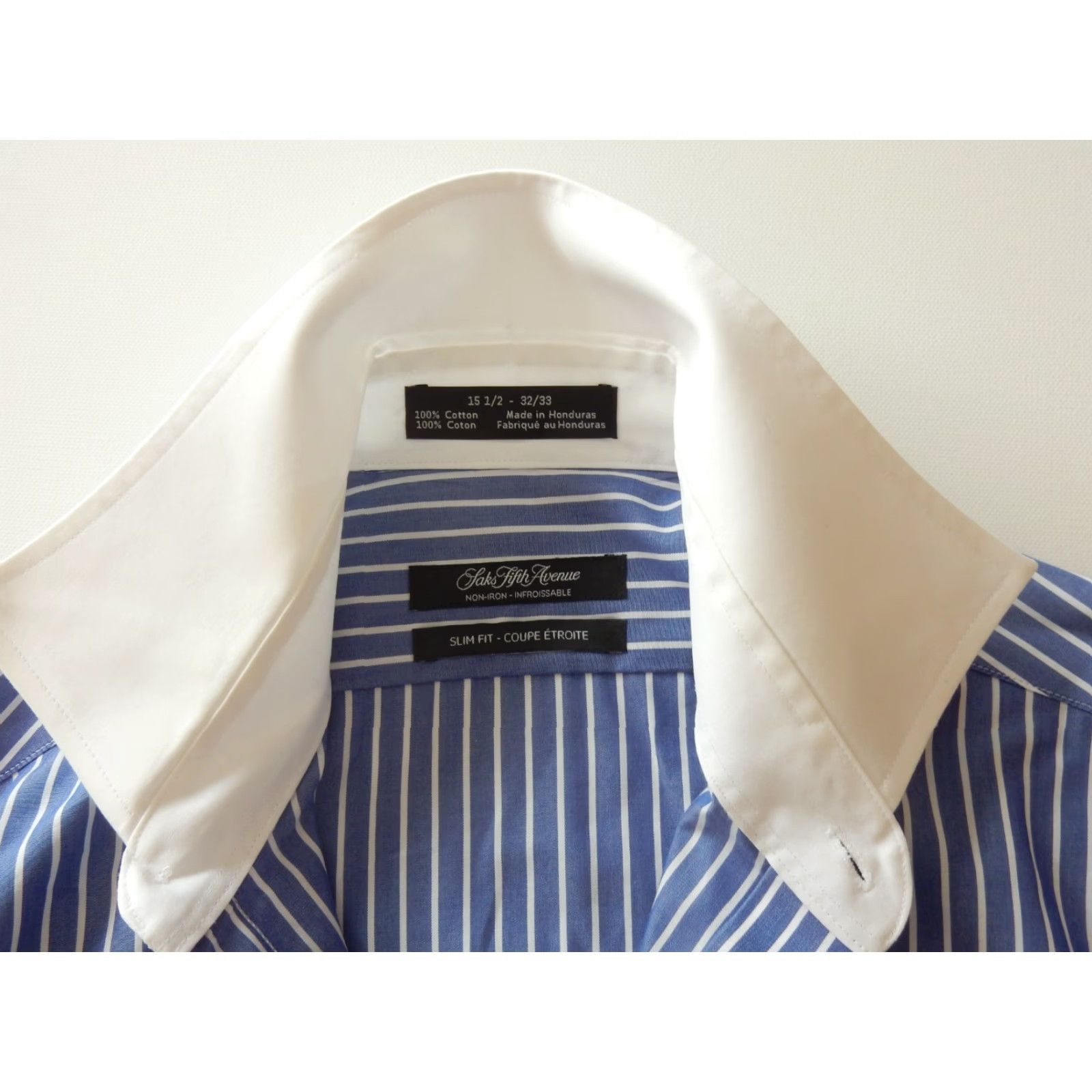 Saks Fifth Avenue Saks Fifth Avenue Men's Dress Shirt Striped Slim 15.5 32/33 Blue Cotton Long Sleeve French Cuff Size 42R - 2 Thumbnail