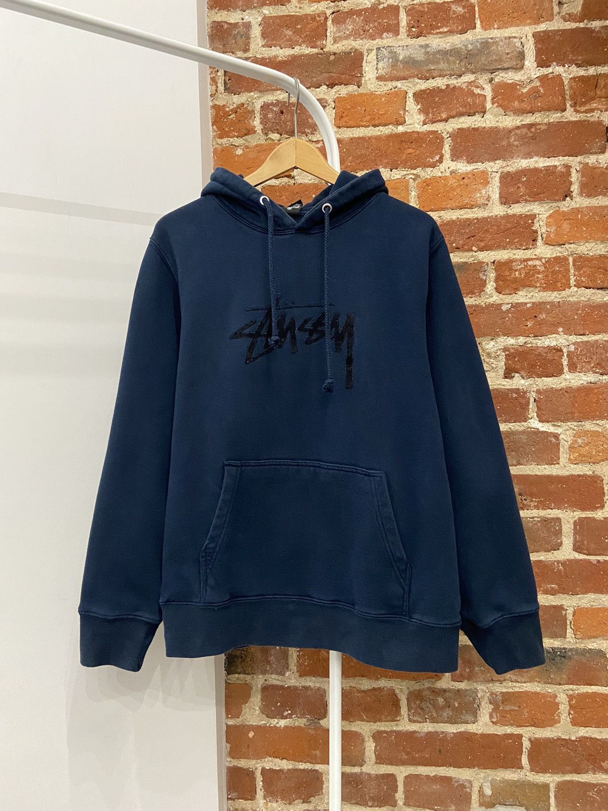 Vintage Stussy Velour Centre Logo Navy Hoodie Size M Mens
