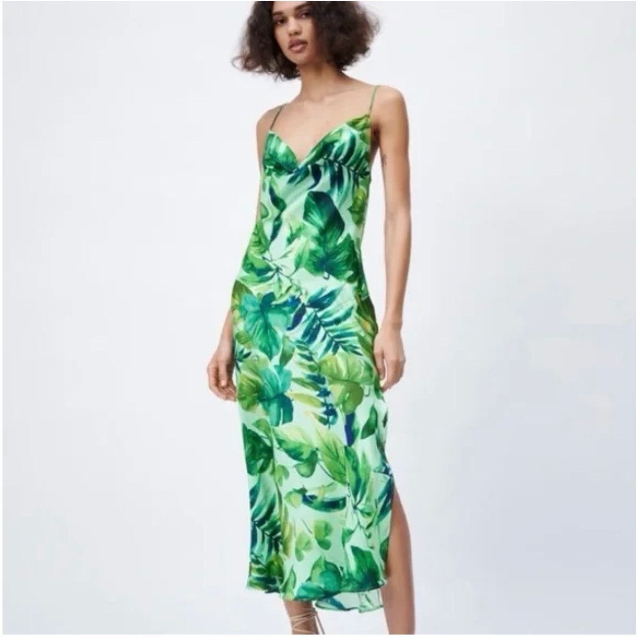 Zara Green Tropical Palm Leaf Satin Long Maxi Slip Dress XS