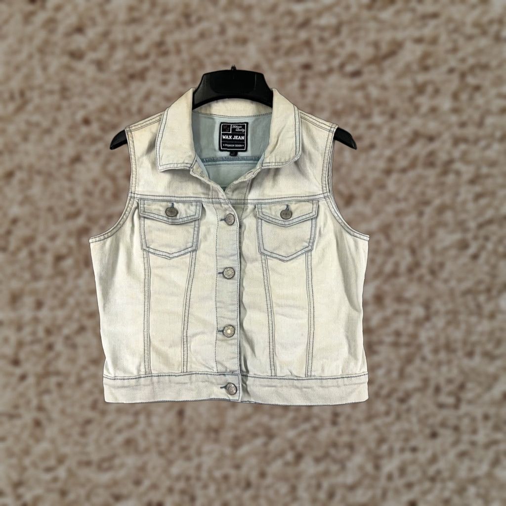 Vintage WAX JEAN Vest Womens Small White Denim Jean Cotton Blend Button Up Pockets Size 28" / US 6 / IT 42 - 1 Thumbnail
