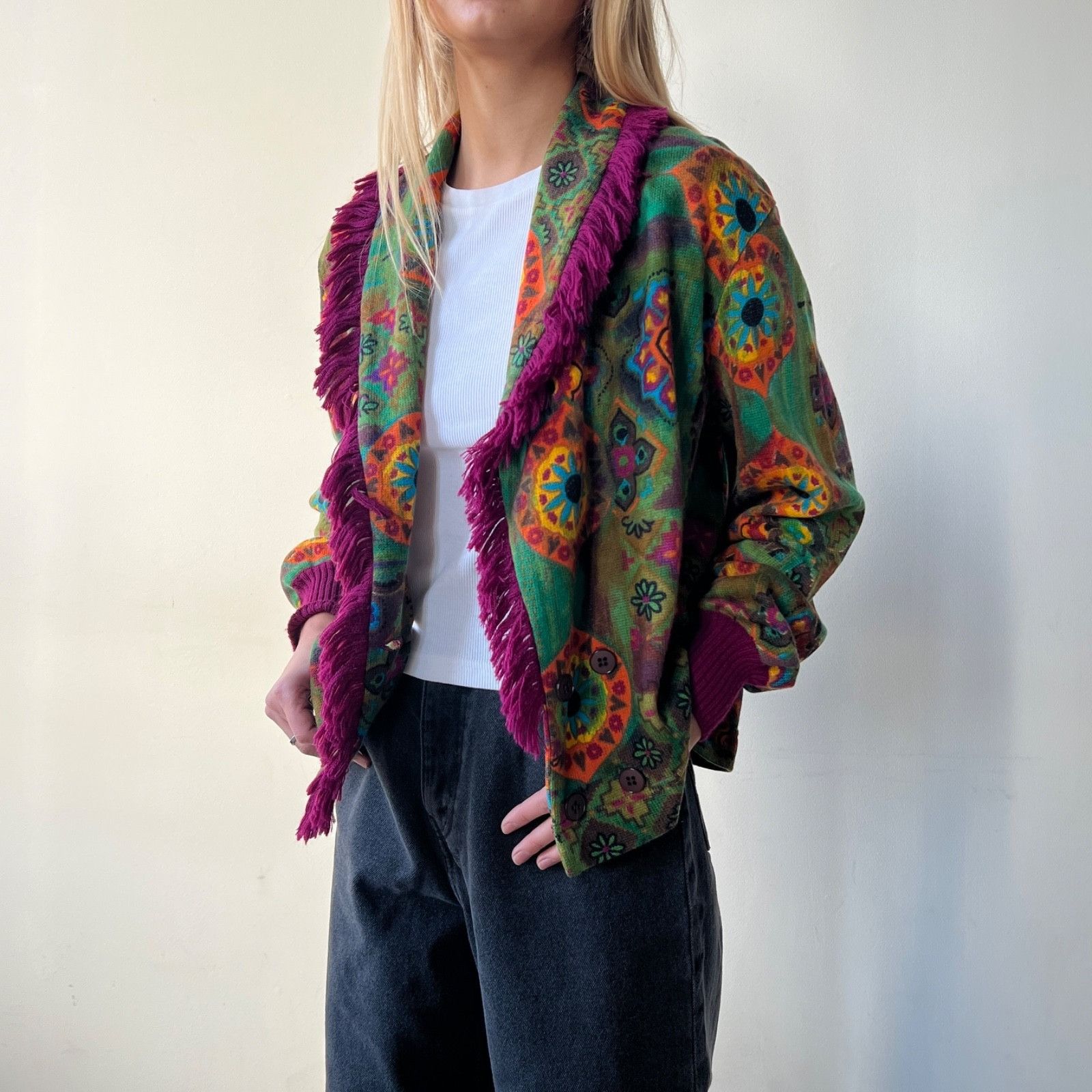 Marella Marella Italy Wool Blend Boho Ethnic Fringe Cardigan 9708AC Size S / US 4 / IT 40 - 2 Thumbnail