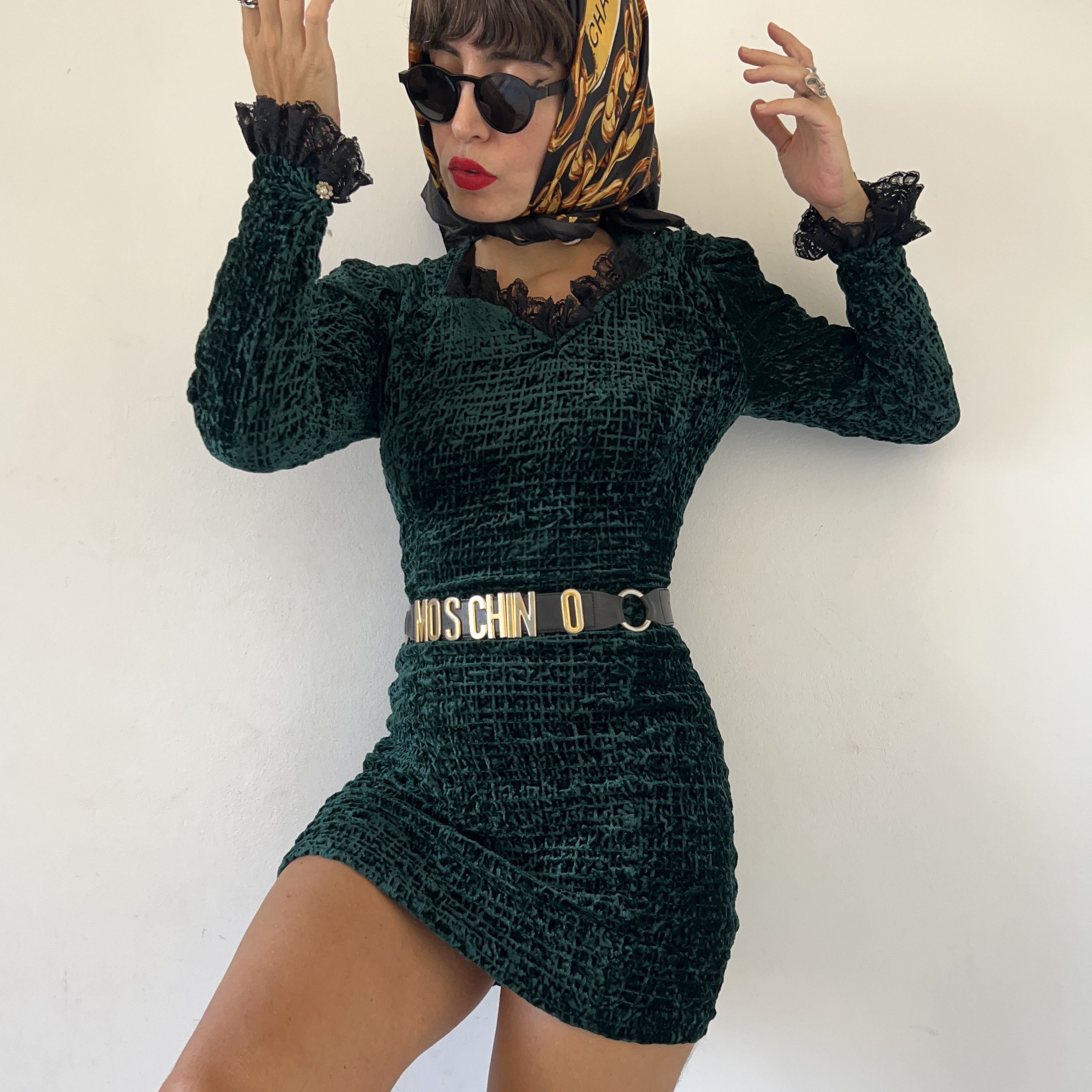 Vintage Green Crushed Velvet Mini Dress