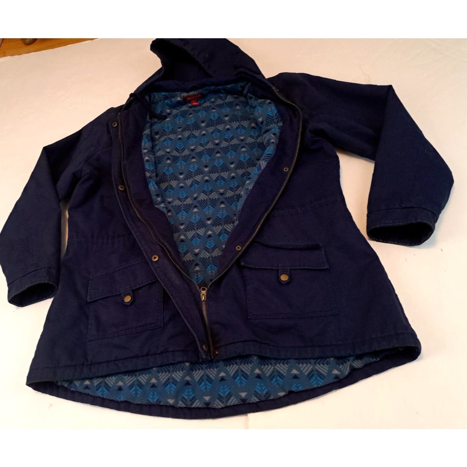 Native VINTAGE Woman Parka Hooded Canvas Jacket 2X Blue Cotton Full Zip & Button Insulated 32in Long Womens Size XXL / US 16-18 / IT 52-54 - 2 Thumbnail