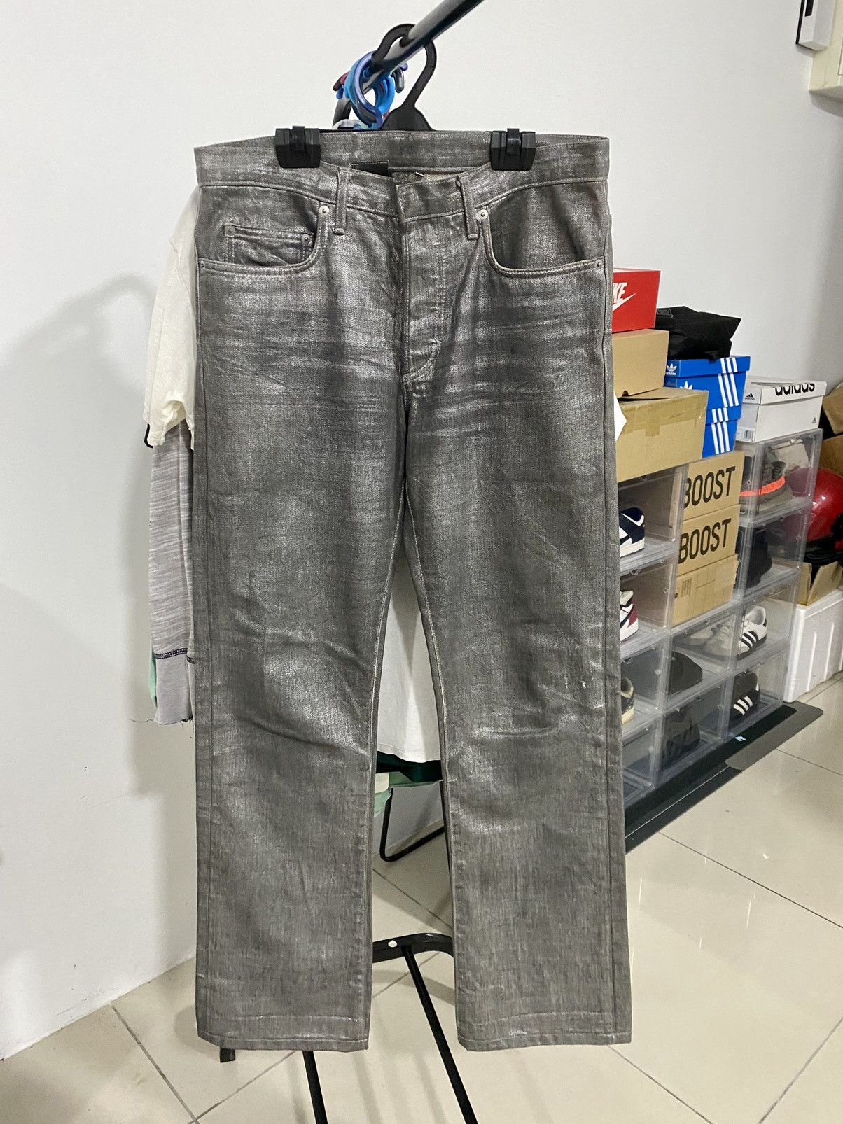 image of Aw06 Dior Homme Silver Waxed Clawmark Denim Pants in Grey, Men's (Size 30)