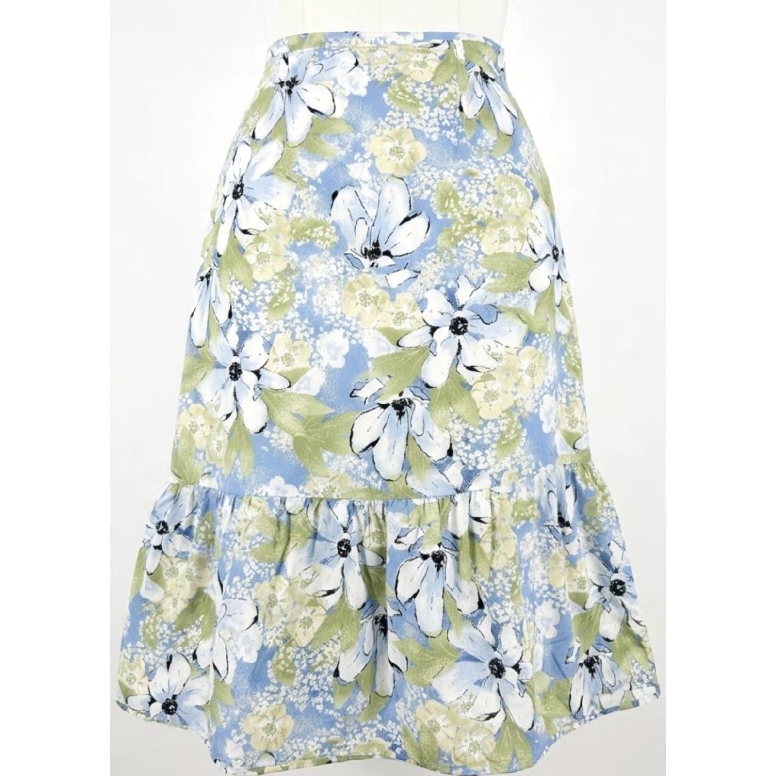 Vintage Emma James Skirt Womens 12 Petite Blue Floral Rayon Midi Trumpet Ruffle Fairy Garden Seasonal Spring Summer Fall Winter Women Dog? Size 34" / US 12 / IT 48 - 2 Thumbnail