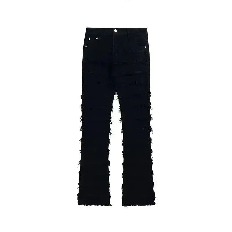 Japanese Brand Black Striped Tassel Frayed Straight Baggy Jeans Pants Size US 32 / EU 48 - 6 Thumbnail