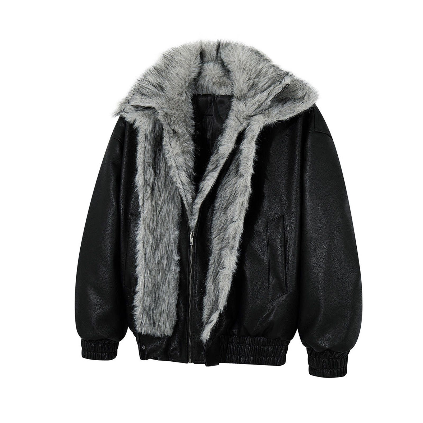 Japanese Brand Black Faux Leather Bomber Jacket with Grey Faux Fur Collar Size US M / EU 48-50 / 2 - 5 Thumbnail