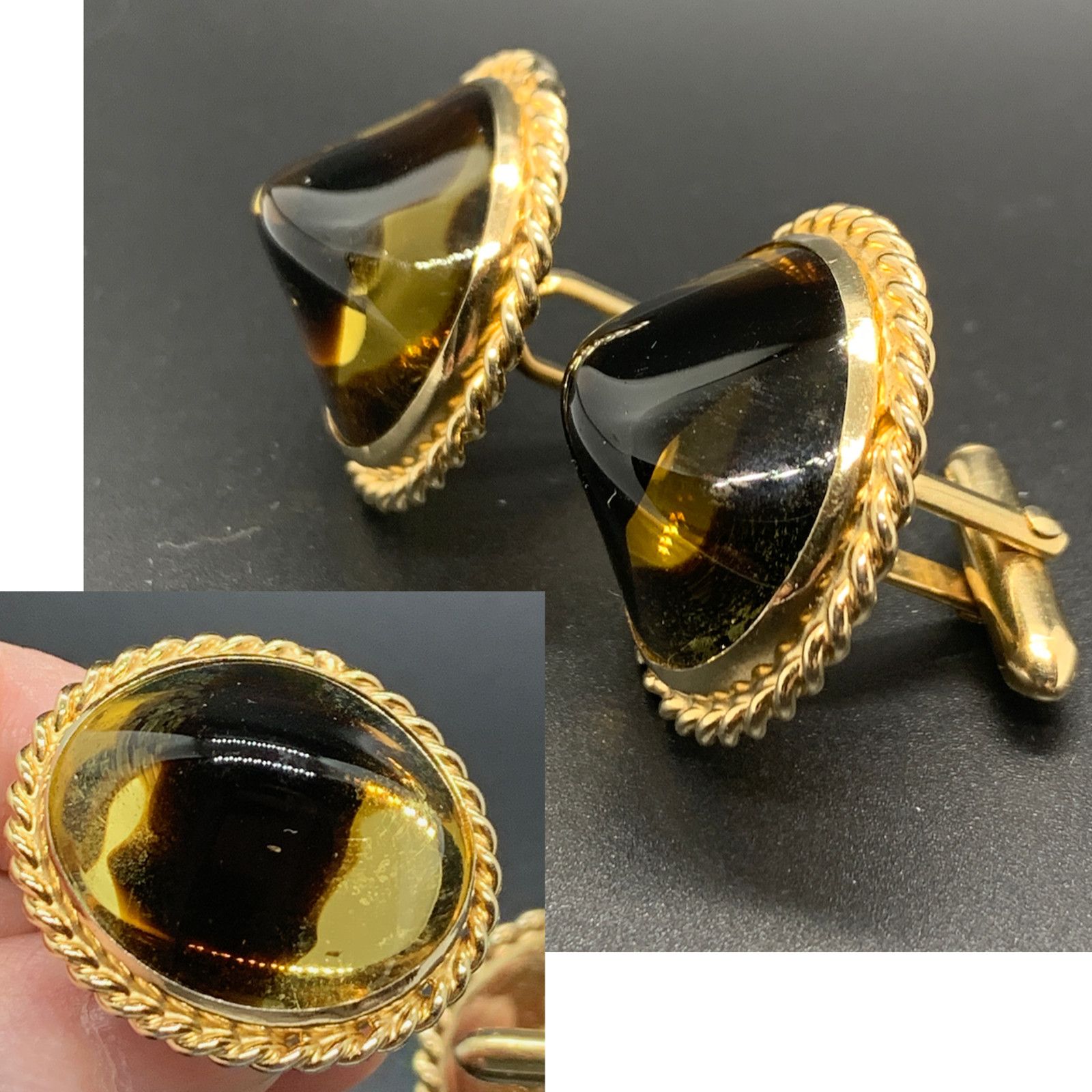 BIG Swank Vintage Gold Tone Molded Givre Glass Cufflinks