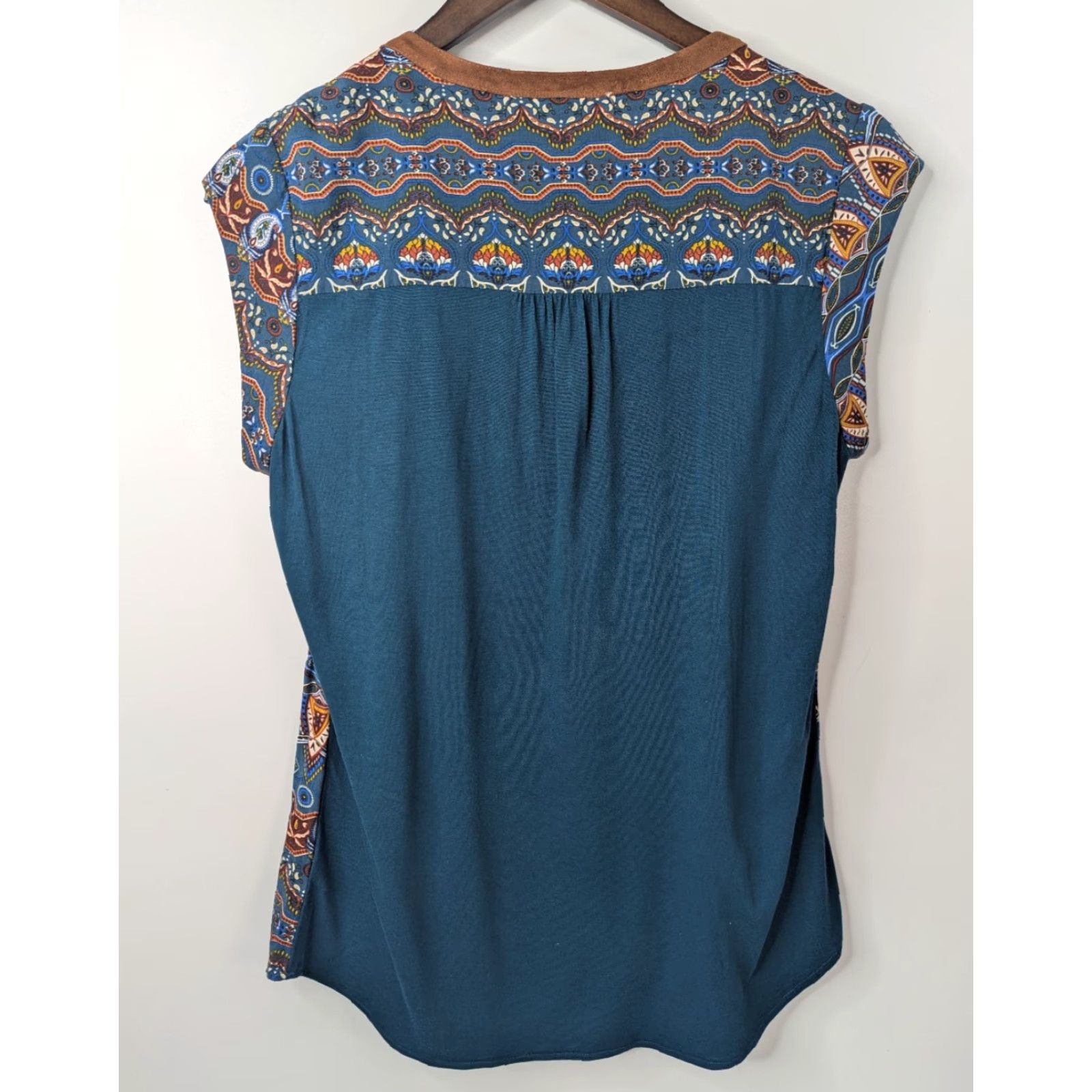 YOKE Daniel Rainn Geometric Sleeveless Blouse Top Coquette Lace Yoke Blue M Medium Style Basic Shirt Women Size M / US 6-8 / IT 42-44 - 2 Thumbnail
