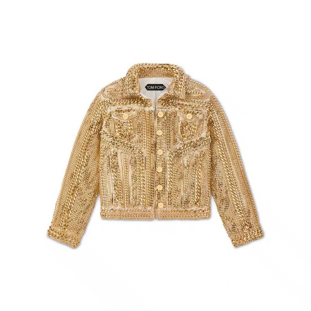 o1loc1c0425 GID064 Chain Embellished Denim Jacket in Gold