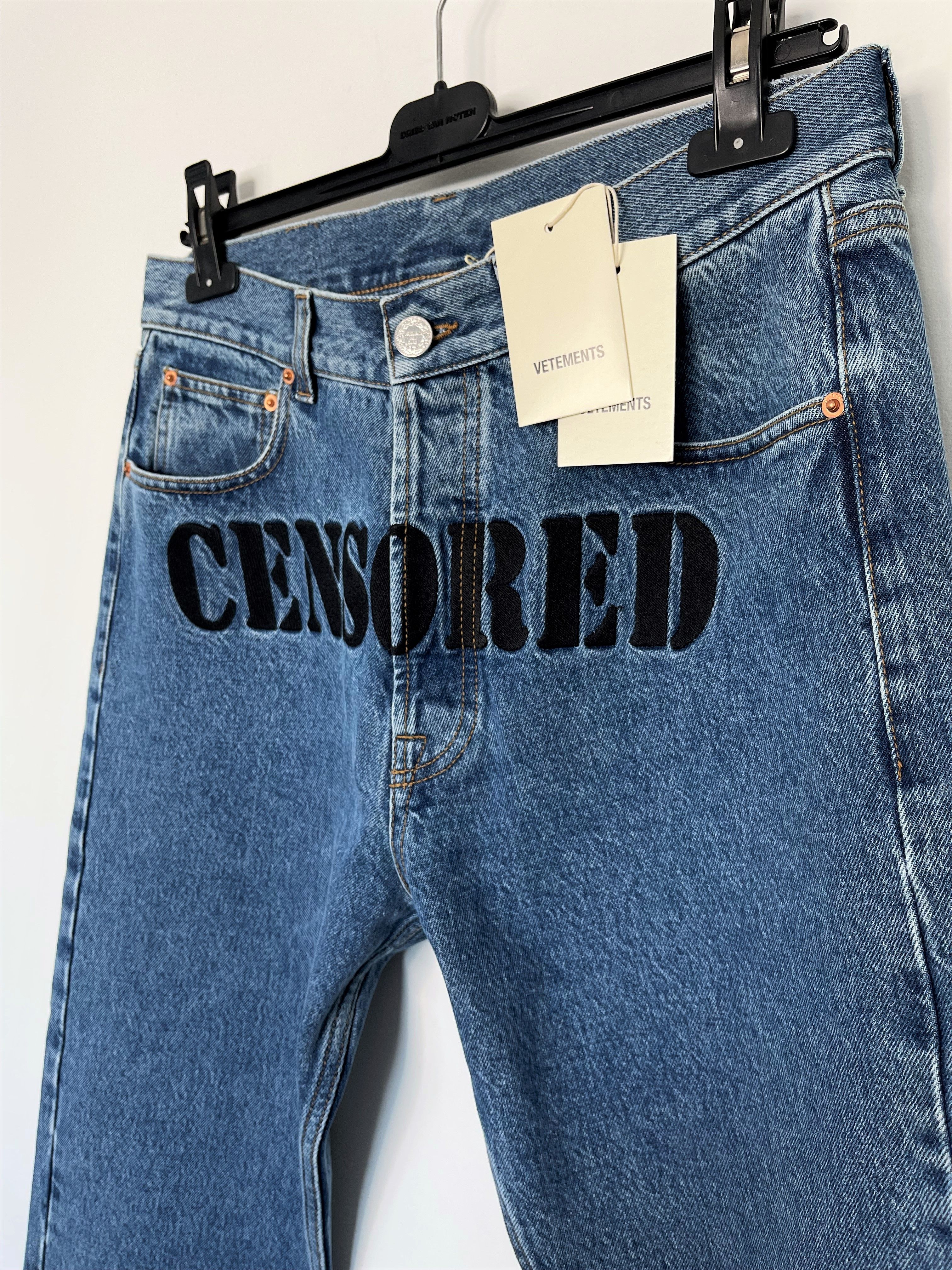 Pre-owned Vetements Medium 42cm Grail Embroidered Censored Coin Jeans Fw20 In Blue