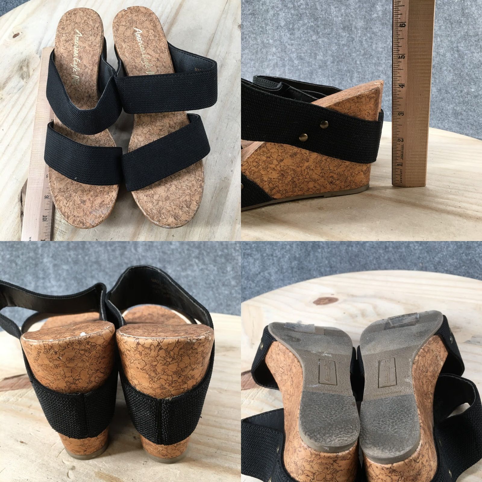 Vintage American Eagle Sandals Womens 9 Cork Heels Wedge Platform Slide Black Fabric Size US 9 / IT 39 - 8 Thumbnail
