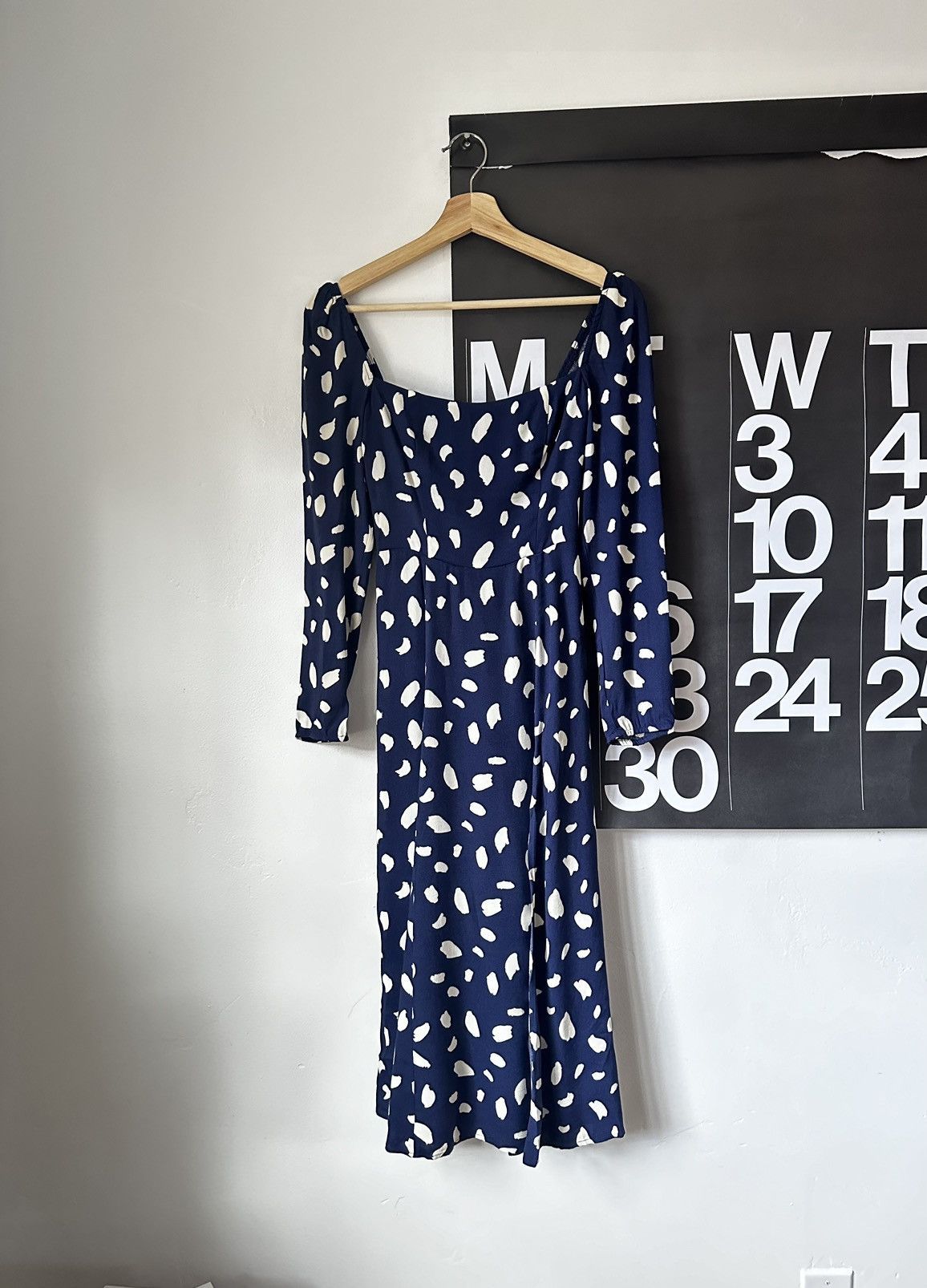 image of Reformation Sigmund Splatter Print Midi Dress Long Sleeve Viscose in Blue, Women's (Size XS)