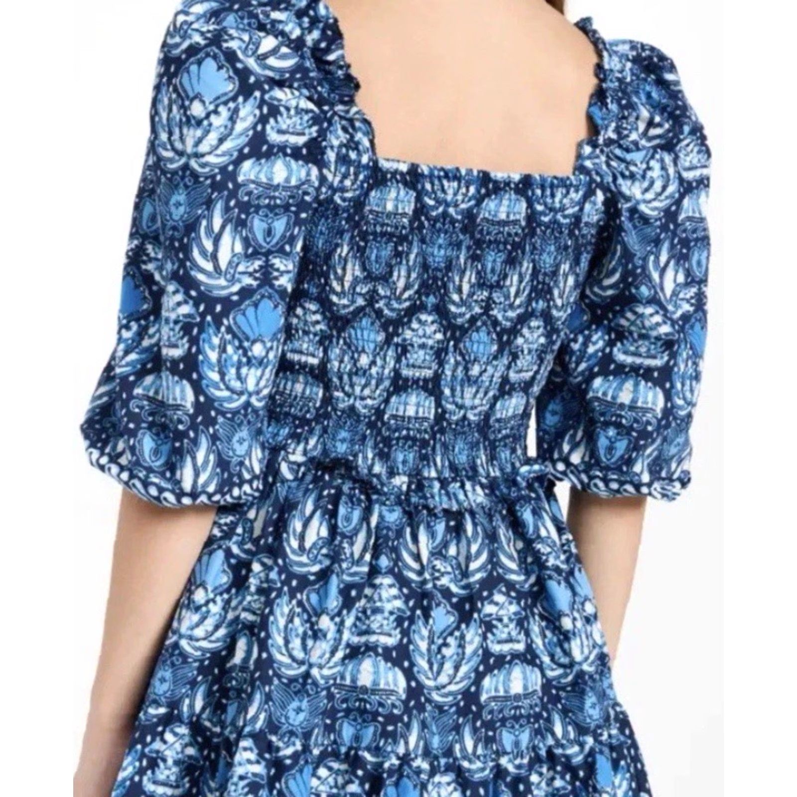 Vintage Love the Label Anthropologie Puff Sleeve Cassie Mini Dress Blue S Ladies, Floral, Cotton, Short, Square Neck, Smocked, Spring Summer, Womens Size S / US 4 / IT 40 - 3 Thumbnail