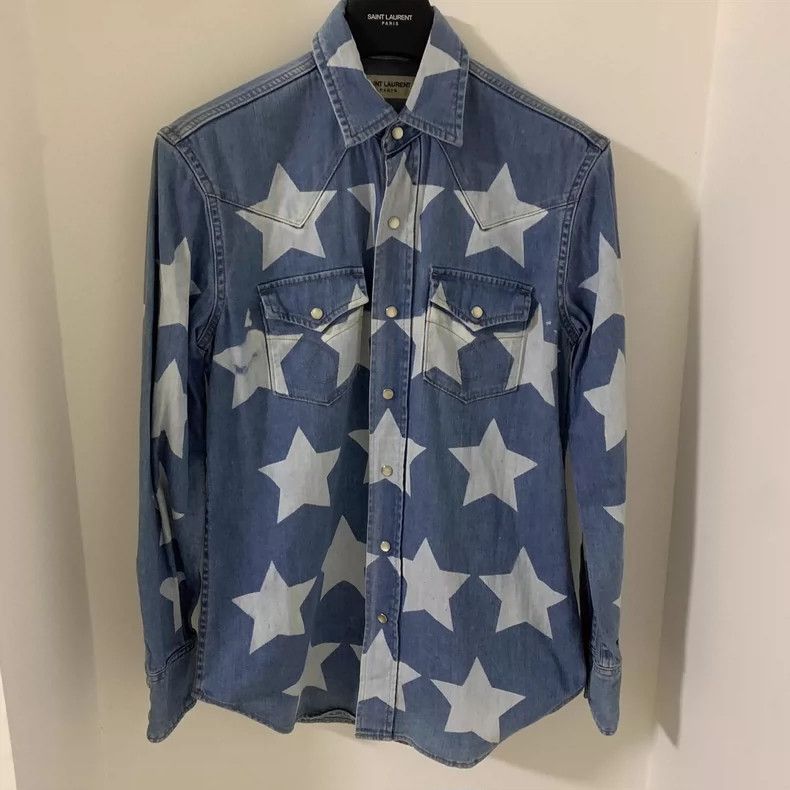 Saint Laurent Paris Saint Laurent Star Print Denim Shirt Size US S / EU 44-46 / 1 - 1 Thumbnail